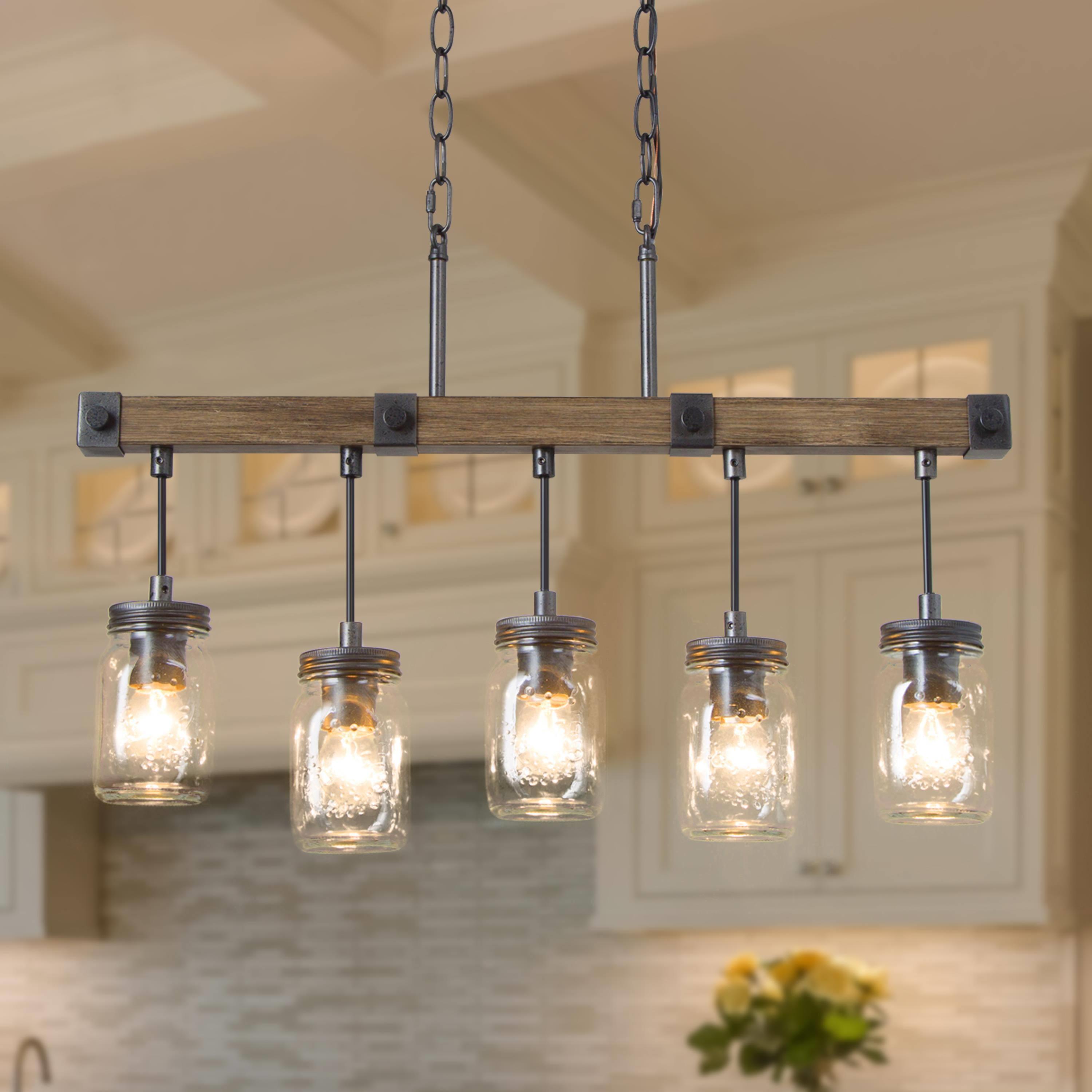 LNC Maison 5-Light Distressed Rusty Black and Brown Wood Grain Farmhouse Textured Glass Linear LED Hanging Kitchen Island Light