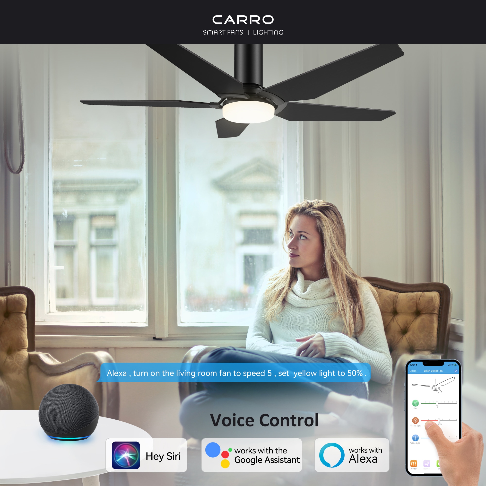 CARRO USA Voyager 52-in Black Indoor/Outdoor Flush Mount Smart Ceiling Fan with Light and Remote (5-Blade) LS525B-L22-B2-1-FM Sansujyuku sansujyuku.com