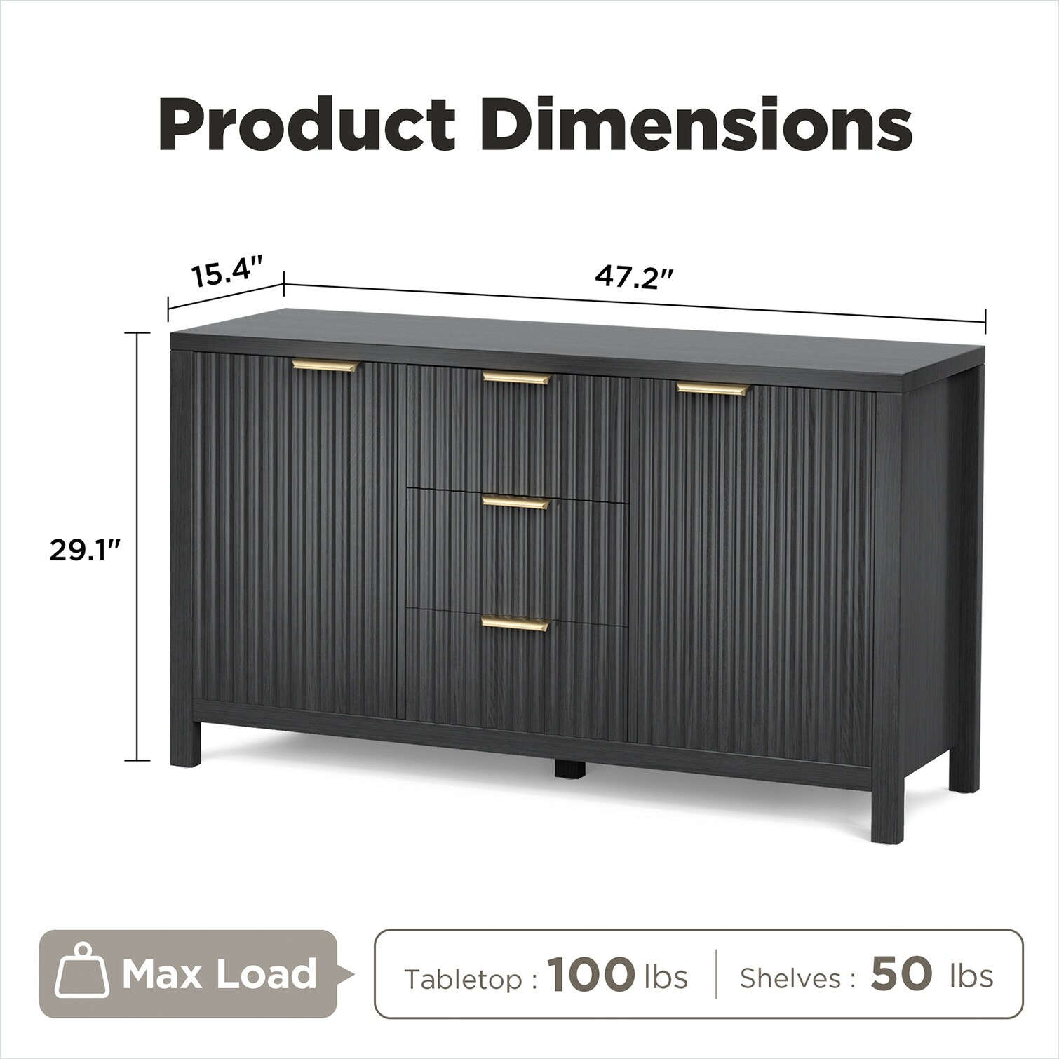 Naturefalls Fluted Black Buffet Cabinet with Two Doors and Three ...