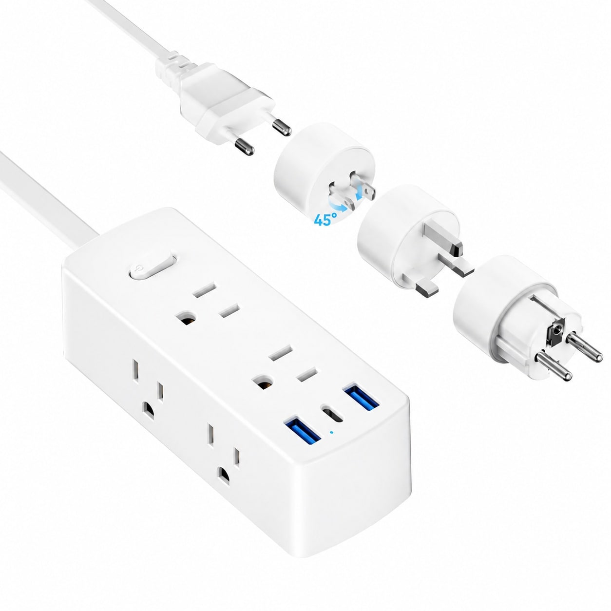 UUDULY  Universal Travel Adapter Power Strip 6 Outlets 3 USB Ports 5ft Extension Cord for EU UK US AUS Type C E F G A I Wall Mount Surge