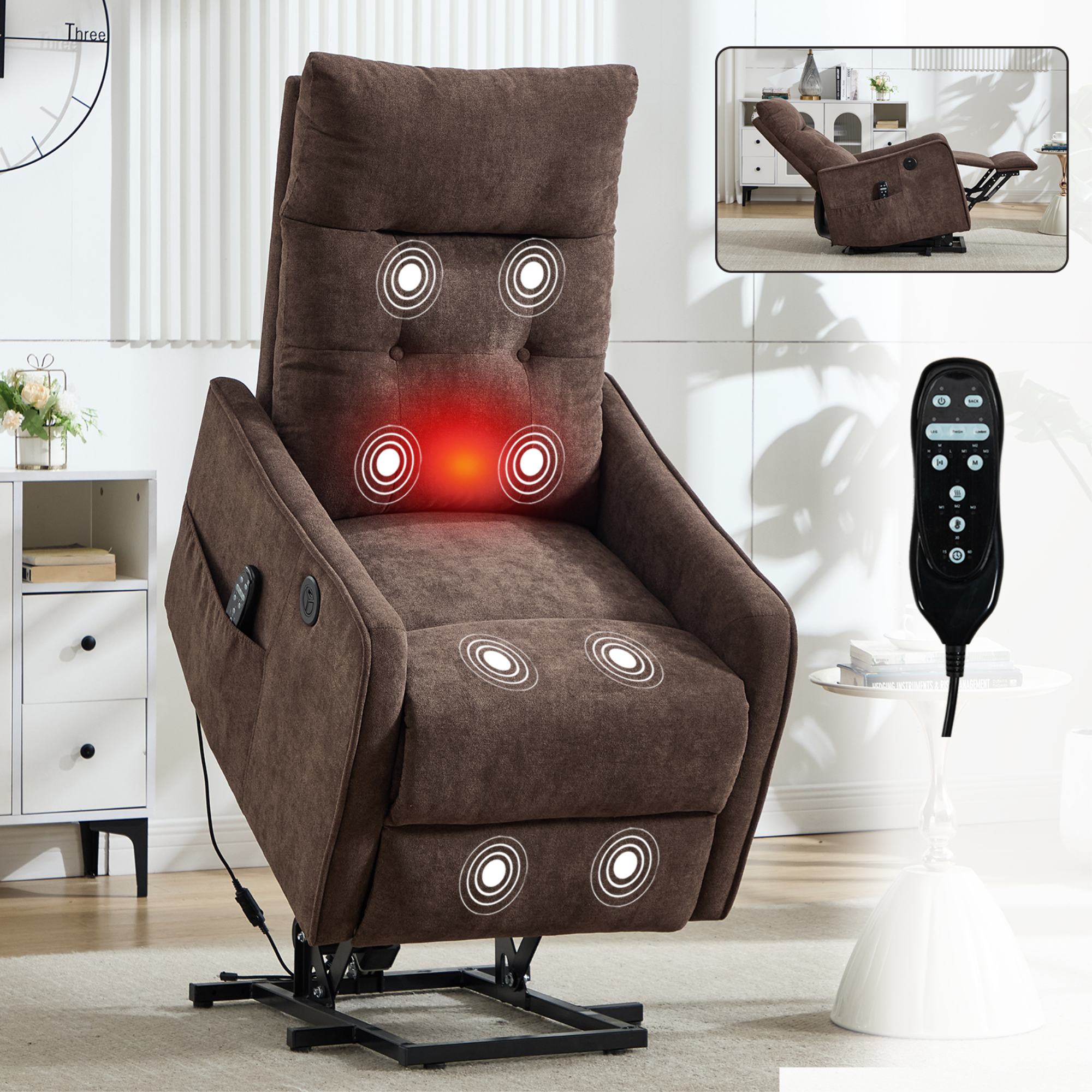 GZMR - Massage Heating Power Lift Recliner Chair with USB Port Brown Chenille Upholstered Powered...