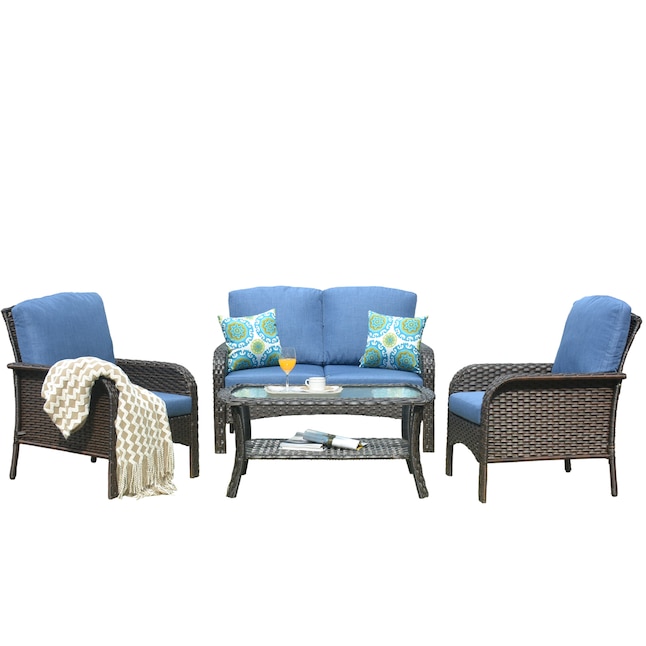 Ovios New Augtus 4 Piece Rattan Patio Conversation Set With Cushions In The Sets Department At Com - Rattan Patio Chair Set