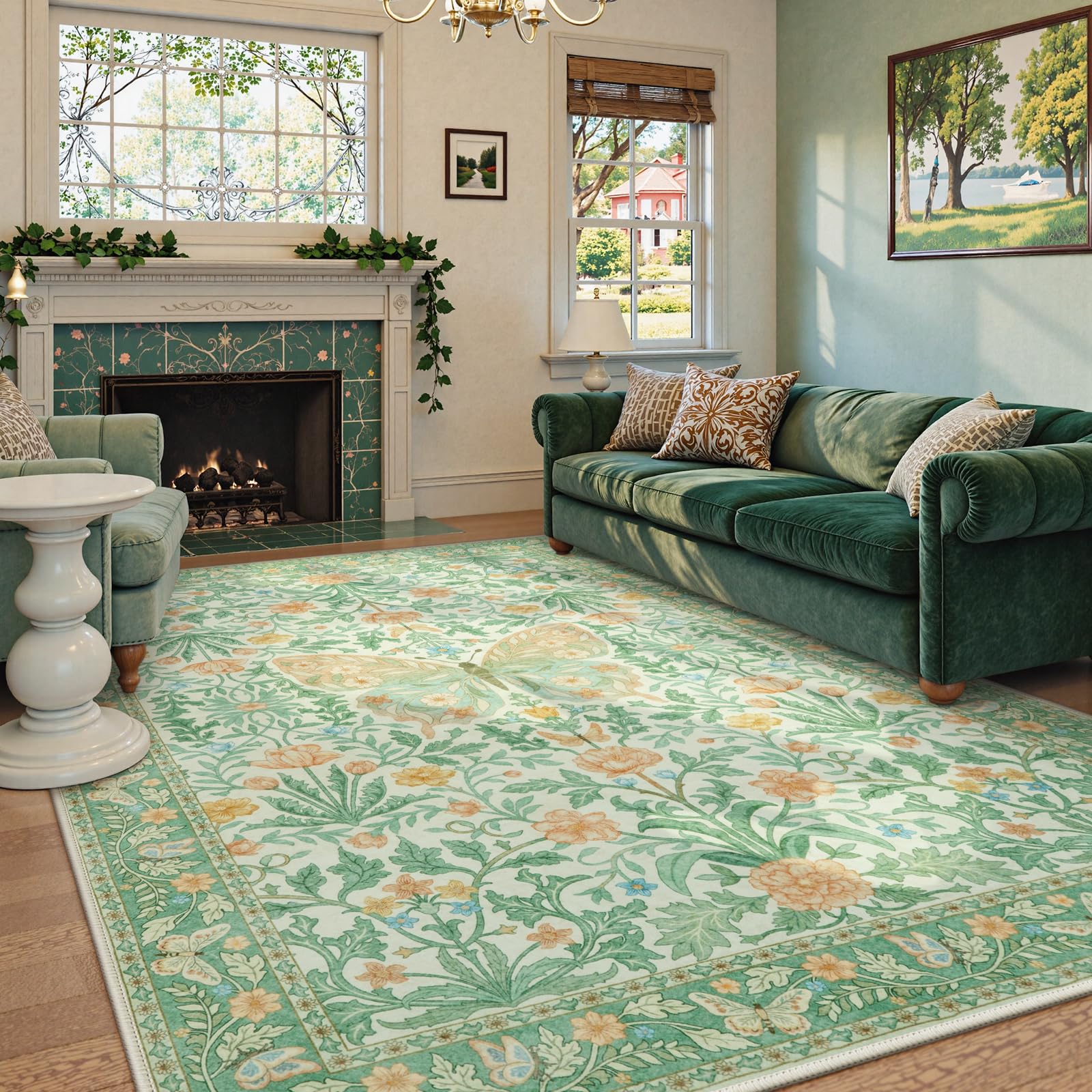 Lahome AR-DYR-468-LG3 8 x 10 (ft) Light Green GST Morris Butterfly Full Coverage Short Pile Velvet Rectangular Indoor Area Rug