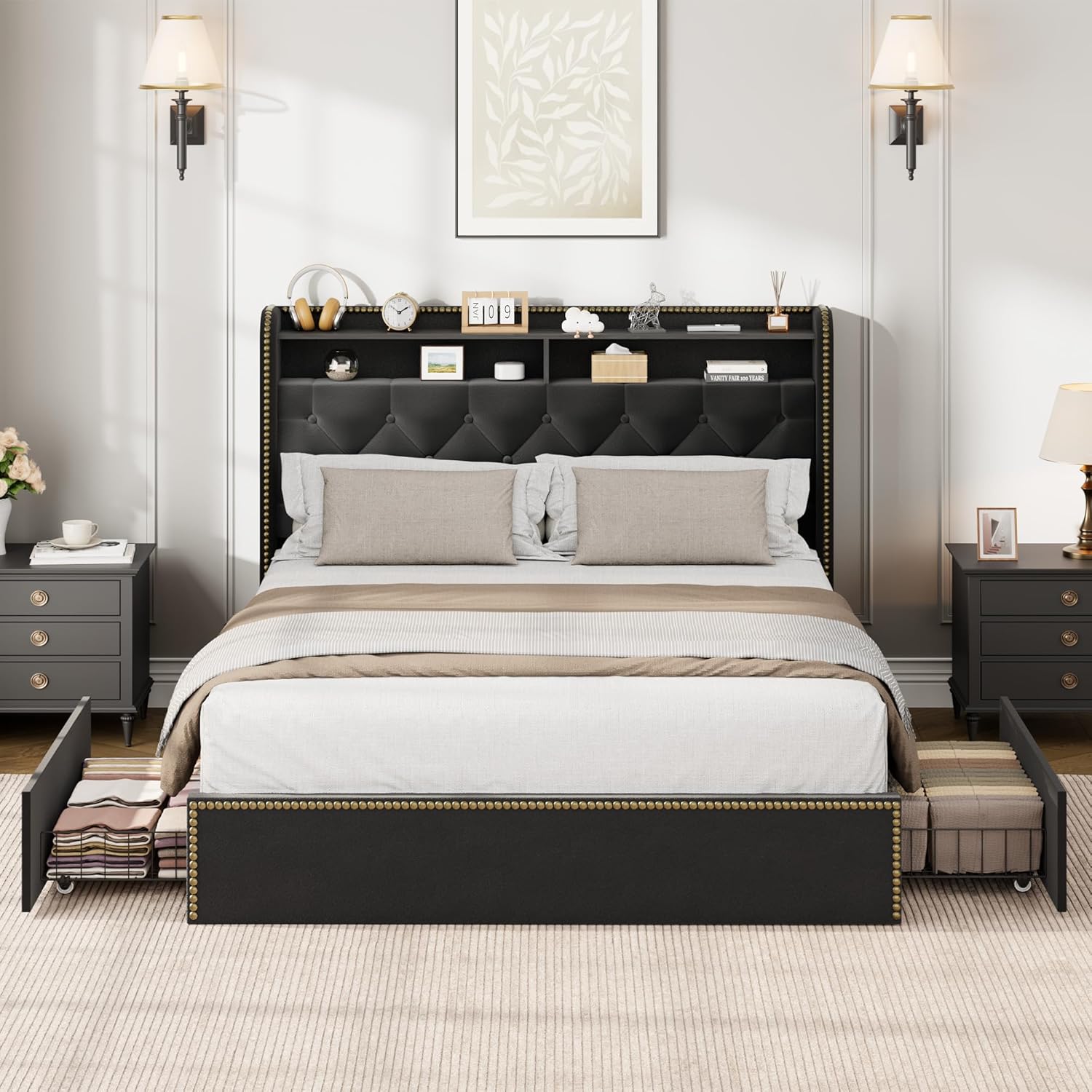 Qeetex LHF-BED-PHK-335XTPNY Velvet Queen Size Bed Frame with 4 Storage Drawers Upholstered Queen Platform with Tufted Headboard and Nailhead Trim Design Black No Box Spring Needed Wooden Slats Bedframe