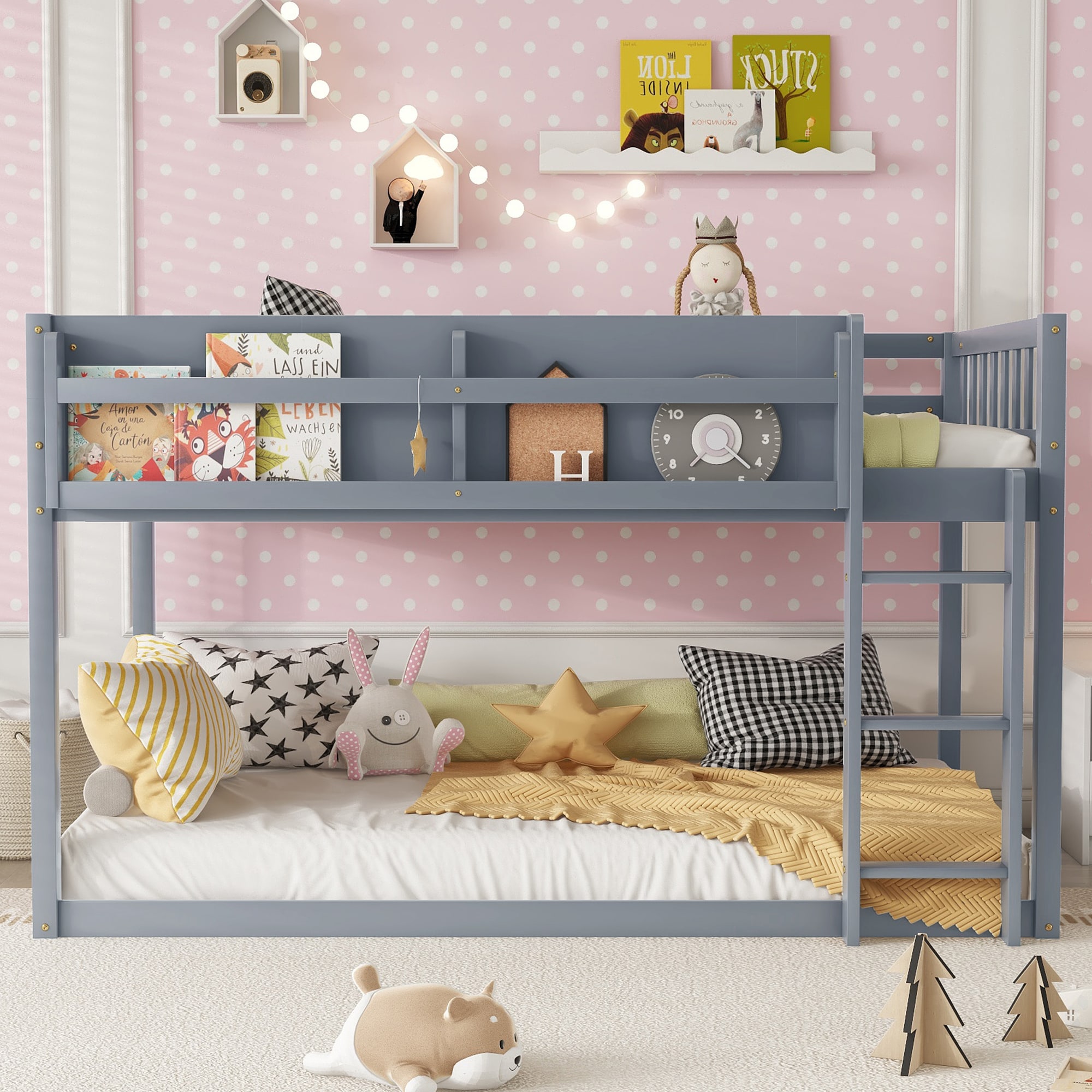 Bellemave - Solid Wood Twin Over Twin Bunk Bed with Three Step Ladder Bookshelf and Guardrail Flo...