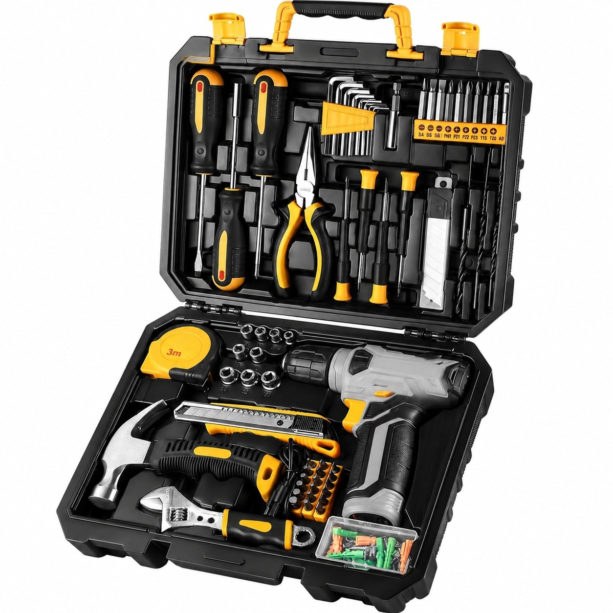 DYRCJ  Tool Kit with Cordless Drill 126 Piece Home Tool Set for DIY House Repair Includes Screwdrivers Hammer Wrench Pliers Tape Utility Knife