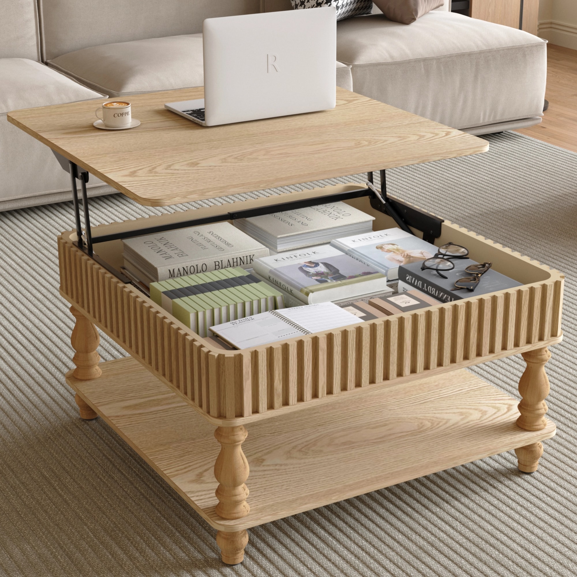 KTMBDW Wood Lift Top Coffee Table with Hidden Compartment and Open ...