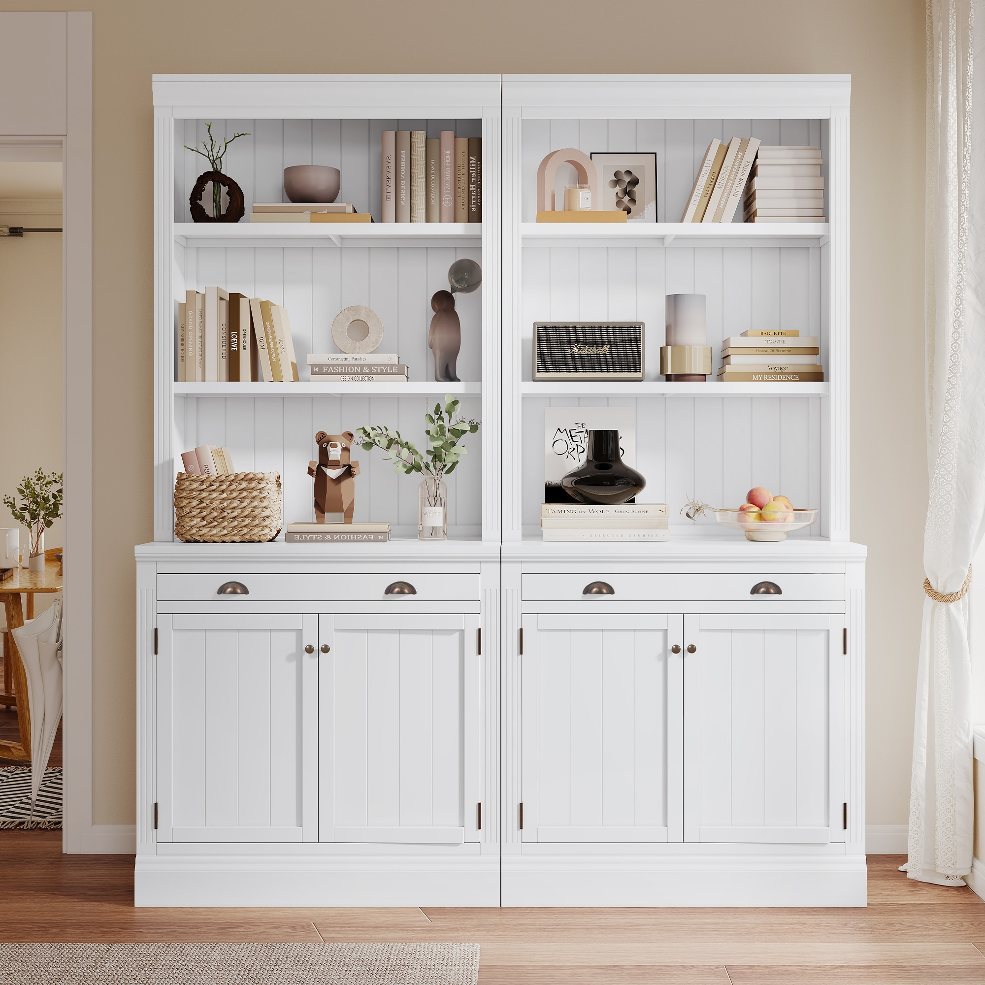 LOVMOR SF-Y-SR000005AAK 83.4inTall Bookshelf Suite Modern Bookcase Suite with LED LightingDoors and Drawers2 Piece Set Storage Bookcase with Open Shelves for Living RoomHome OfficeWhite