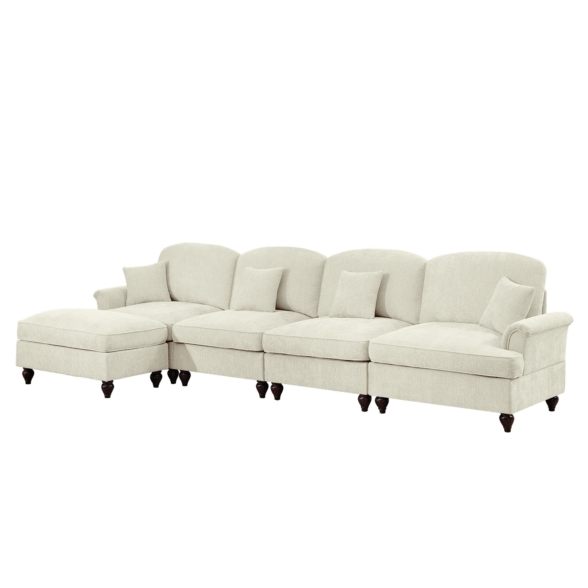 UOI Beige White Chenille Four-Seat Modular L Shaped Sectional Couch with Flared Arms and Removable Ruffles Pleats Skirts