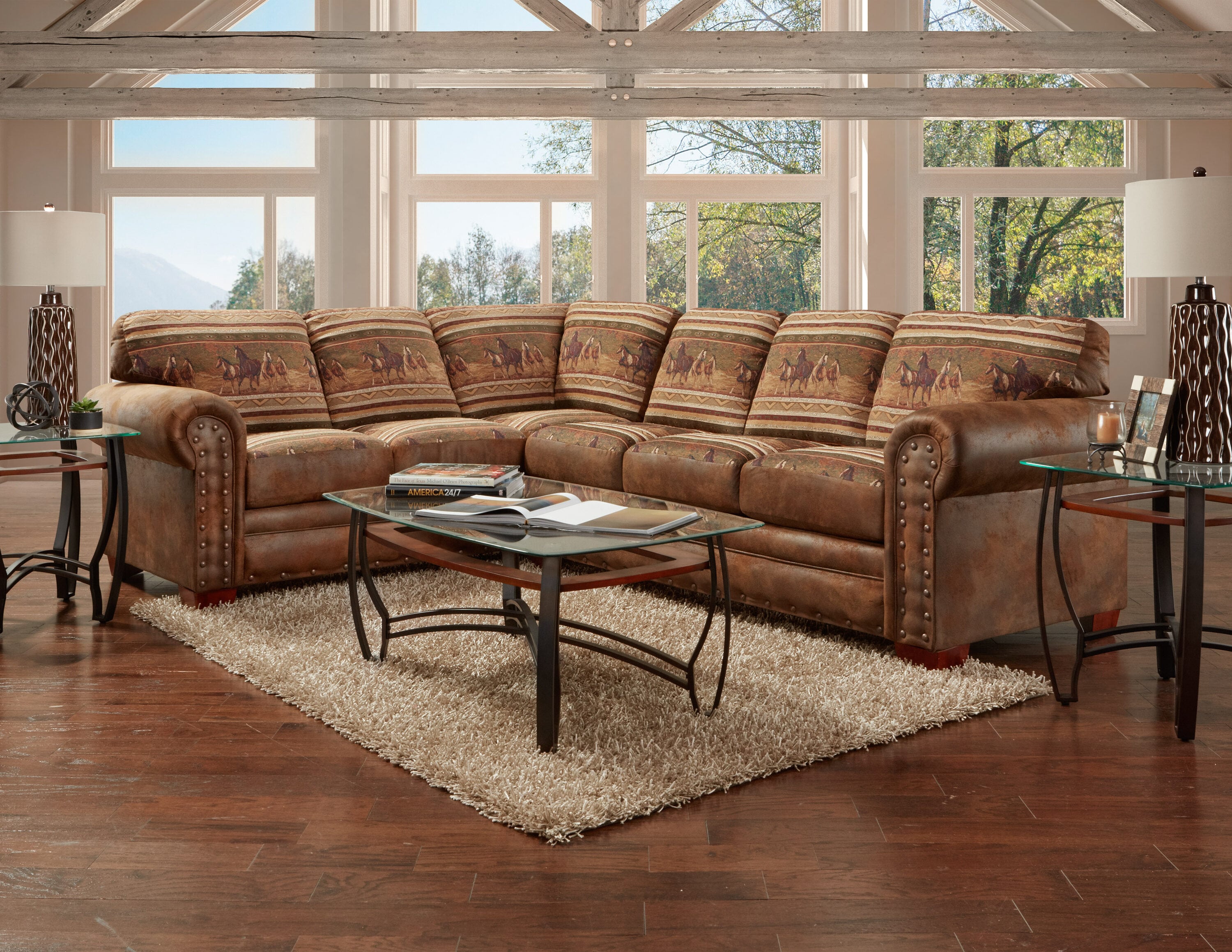 Mahogany Brown Microfiber Two-Piece Sectional Sofa with Nailhead Trim