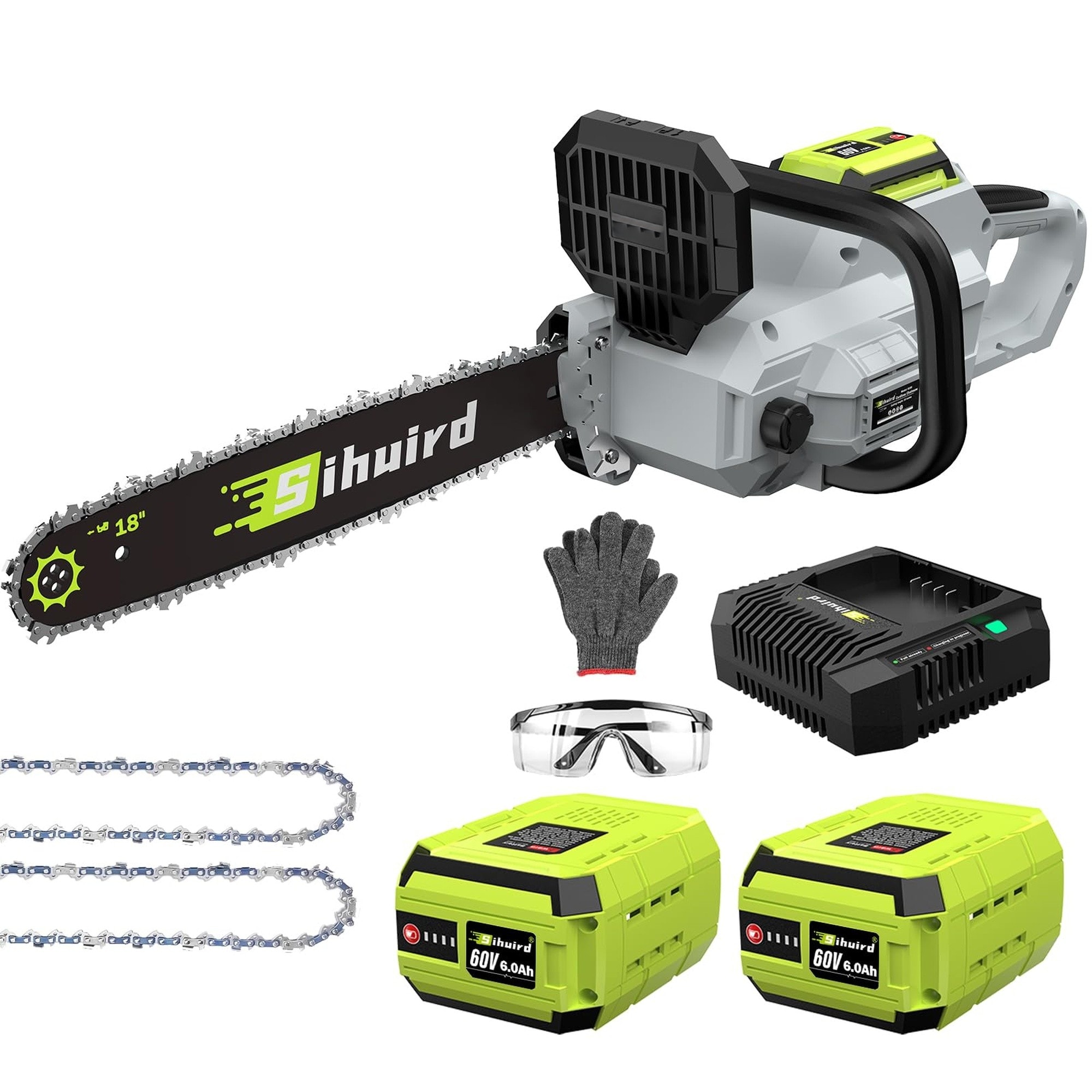 Angel Sar 18 in 60V Cordless Chainsaw Brushless Motor Electric with 2 x 6.0Ah Battery Charger Tool Free Tension Auto Lubrication for Tree Wood Cutting