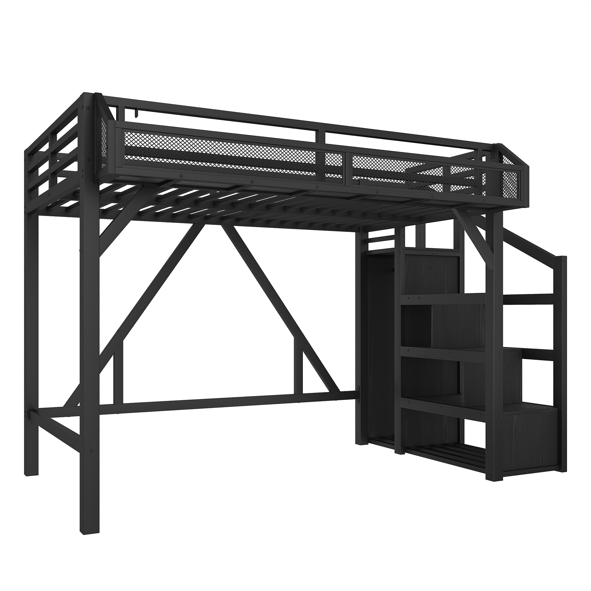 Horizons Prime Twin XL Black Metal Loft Bed with Storage Stairs Shelves and Built-in Wardrobe with USB Ports and LED Lights