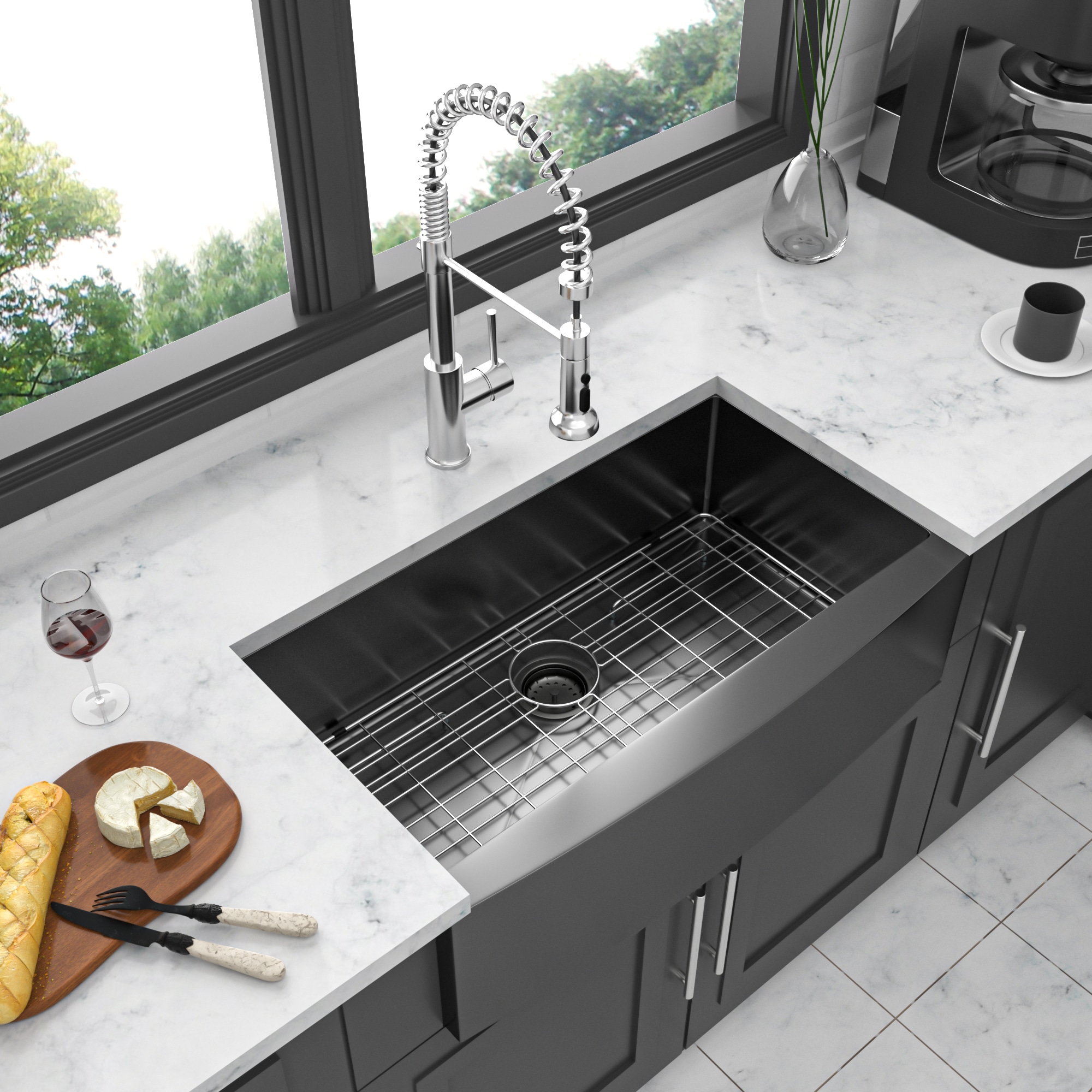 LOVMOR  33-in x 21-in Apron Front Stainless Steel Single Bowl Gunmetal Black Kitchen Sink with Drain and Bottom Grid