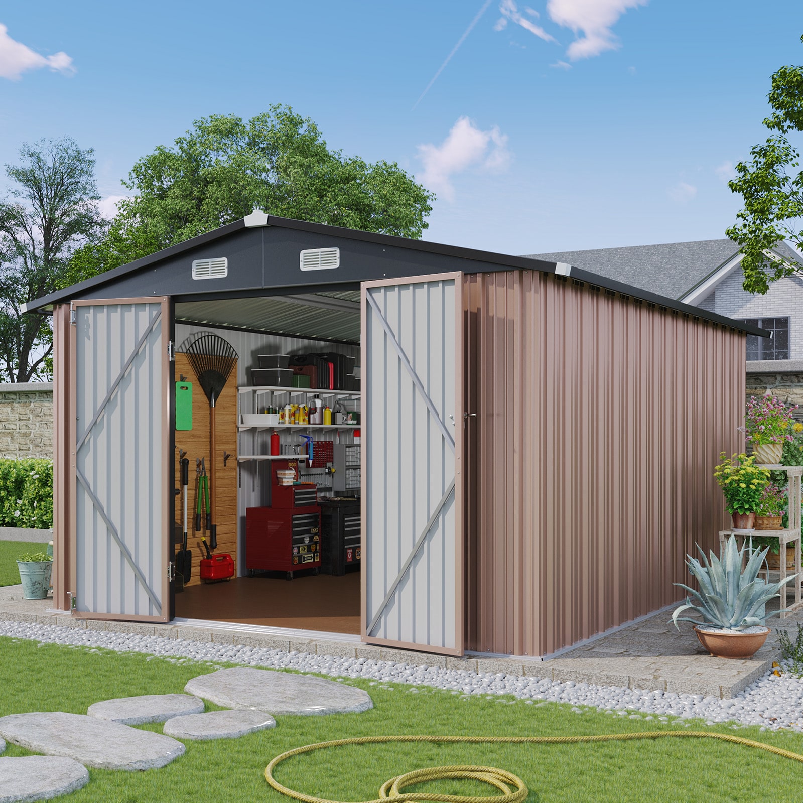 AOXUN AX-030BR46 10-ft x 12-ft Economy Series Galvanized steel Metal Storage Shed (Floor Included)
