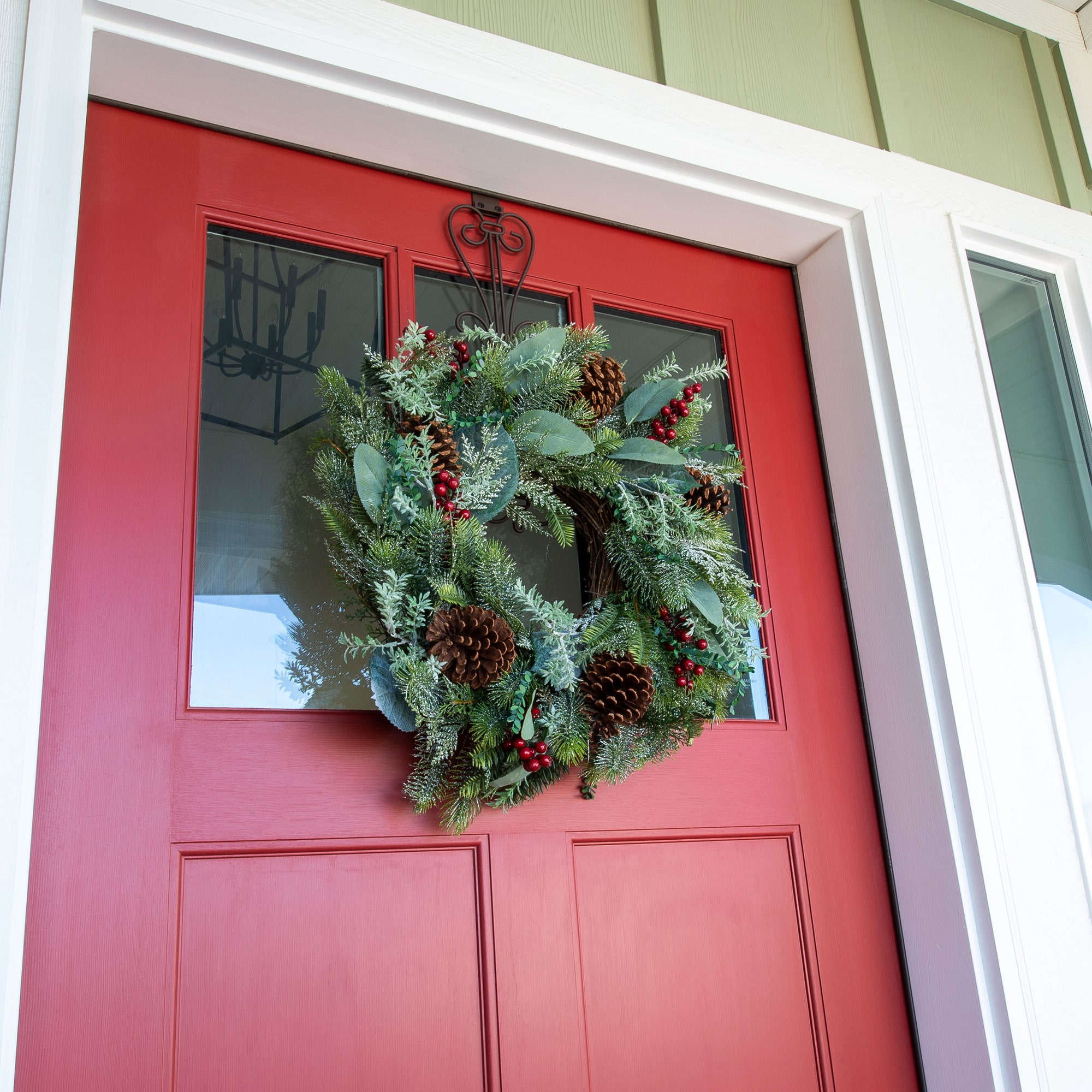 24-Inch Pre-Lit Pine Christmas Wreath with Red and Green Ornaments