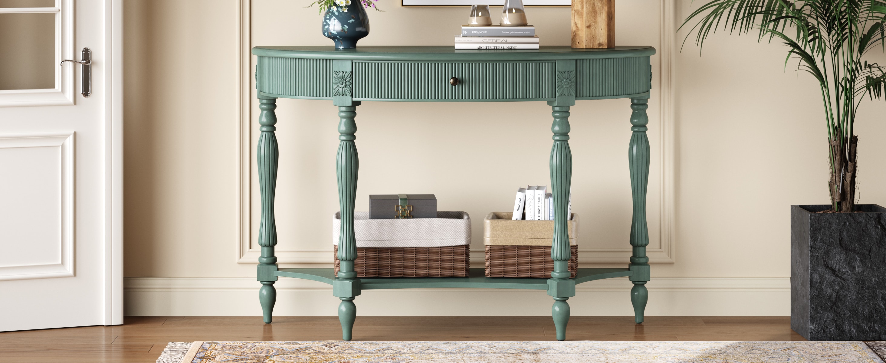 FAVSH Half Moon Solid Wood Console Table Drawer Shelf Fluted Curved ...