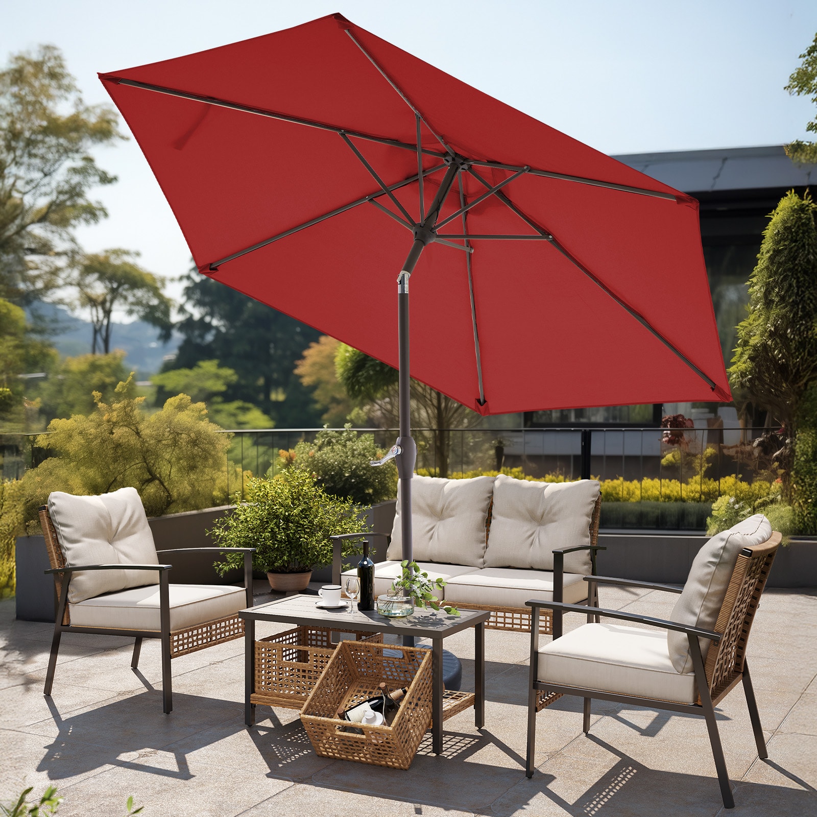JEAREY 3CZZS-9-RD 7.5-ft Steel Red Push-button Tilt Market Patio Umbrella