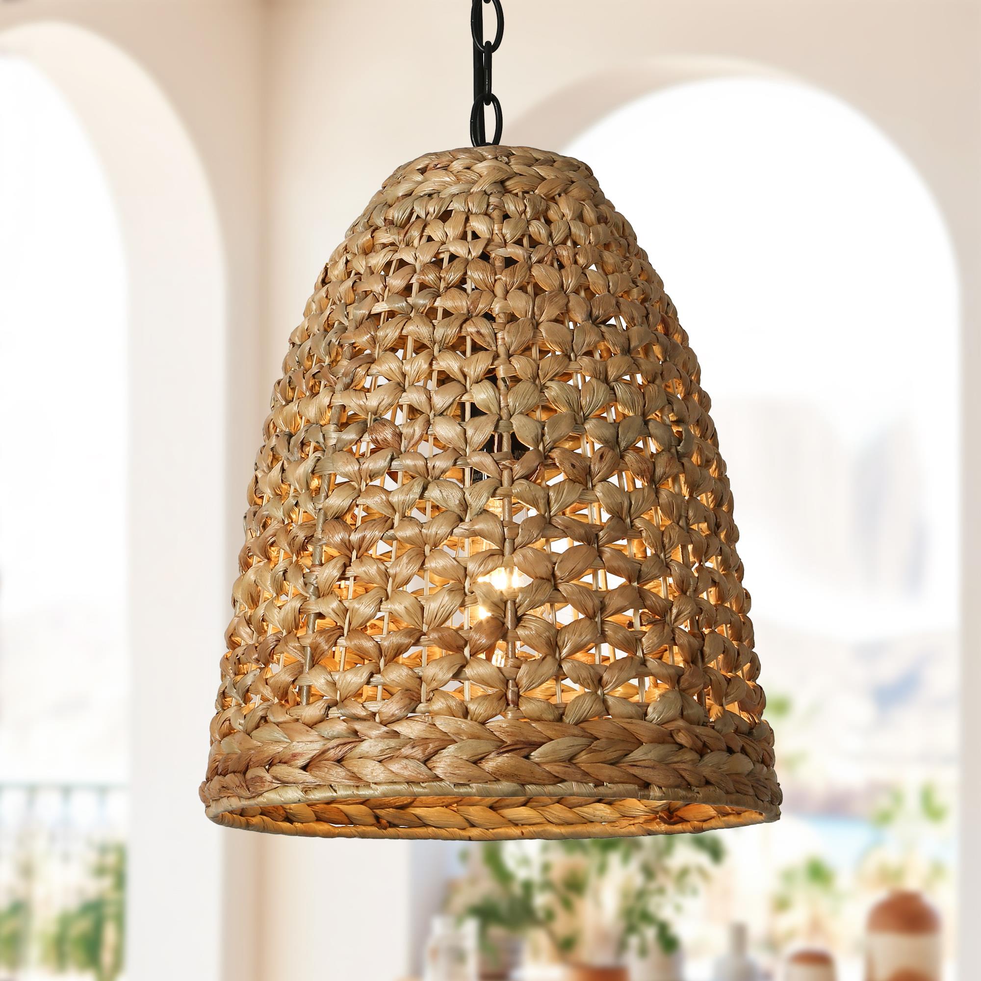 LNC LVF7JNR1201E9C Holophankton 1 -Light Matte Black with Natural Brown Rattan Bohemian/global Dome Medium Hanging Kitchen island light