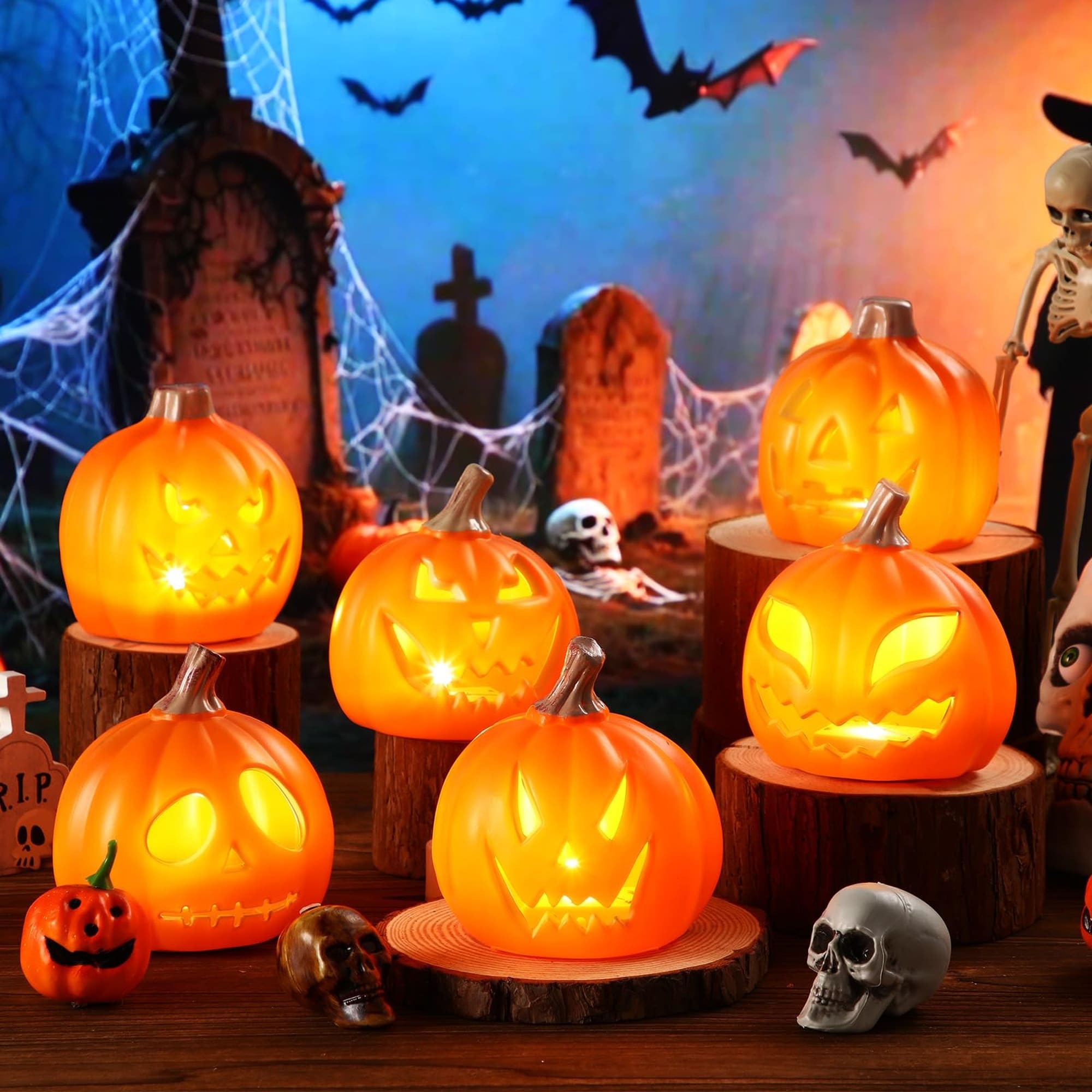 Angel Sar 6 Pcs 5.25 in Light Up Jack O Lantern Halloween Pumpkin Lamp Scary Glowing Plastic with LED for Indoor Outdoor Table Yard Garden Decor Orange Light