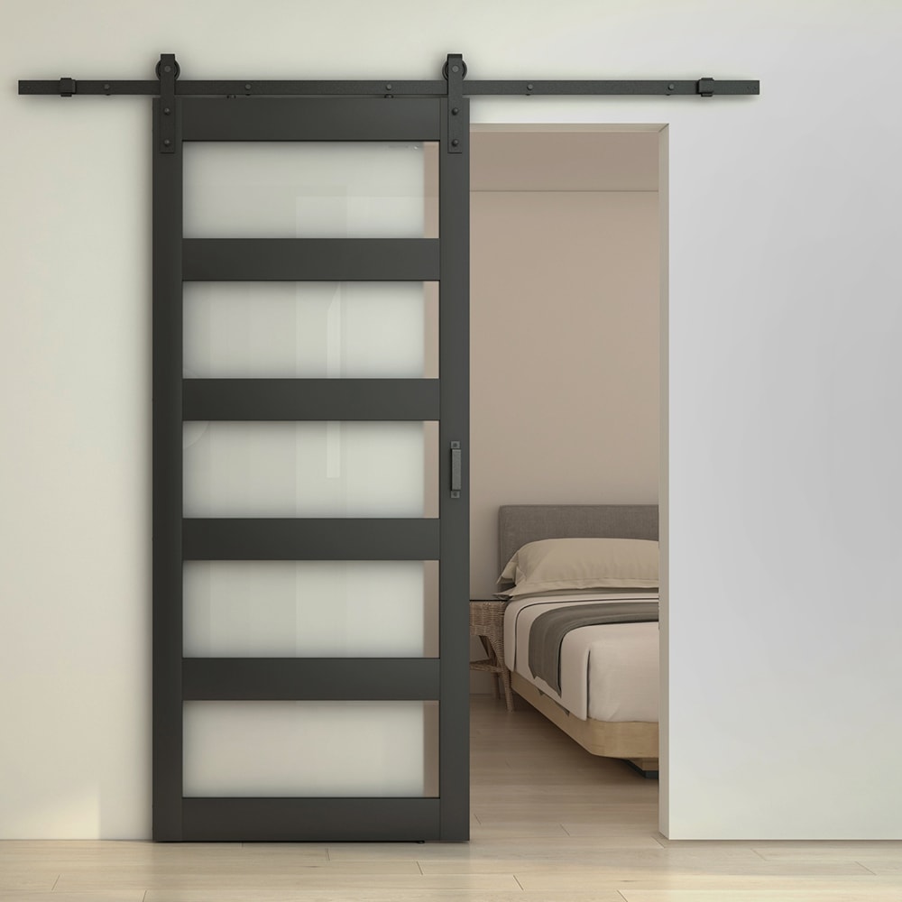 Sunrinx 36-in x 84-in Black Frosted glass MDF Solid core Single Barn Door (Hardware Included)