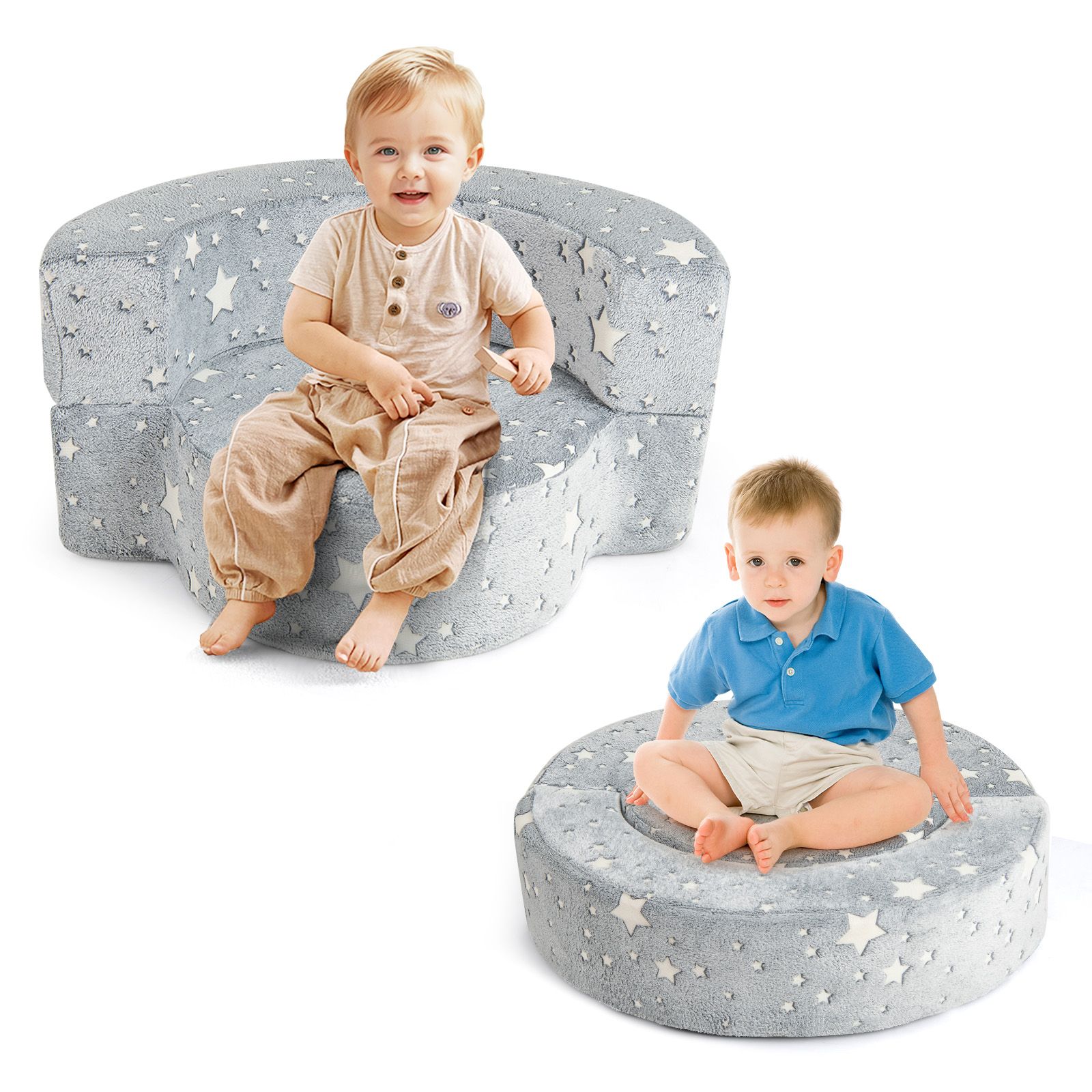 Slickblue 2-in-1 Convertible Toddler Chair with Glow-in-the-Dark Stars for Reading Relaxing or Playtime- 16 Inch H- Gray