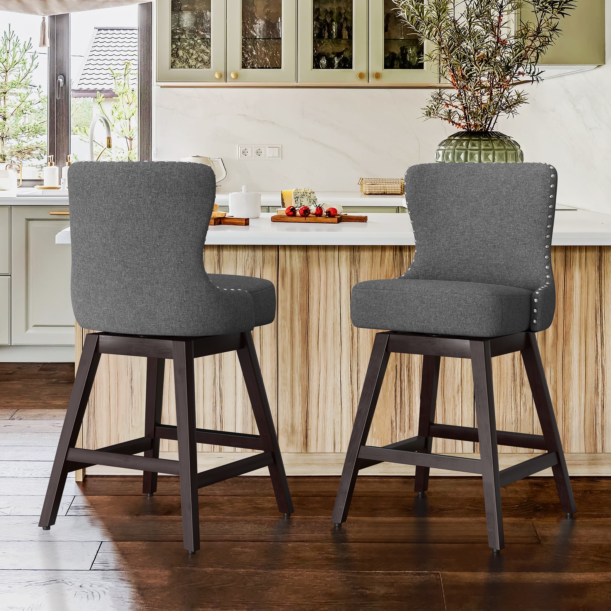 Set of 2 Gray 26-in H Counter height Upholstered Swivel Wood Bar Stool ...