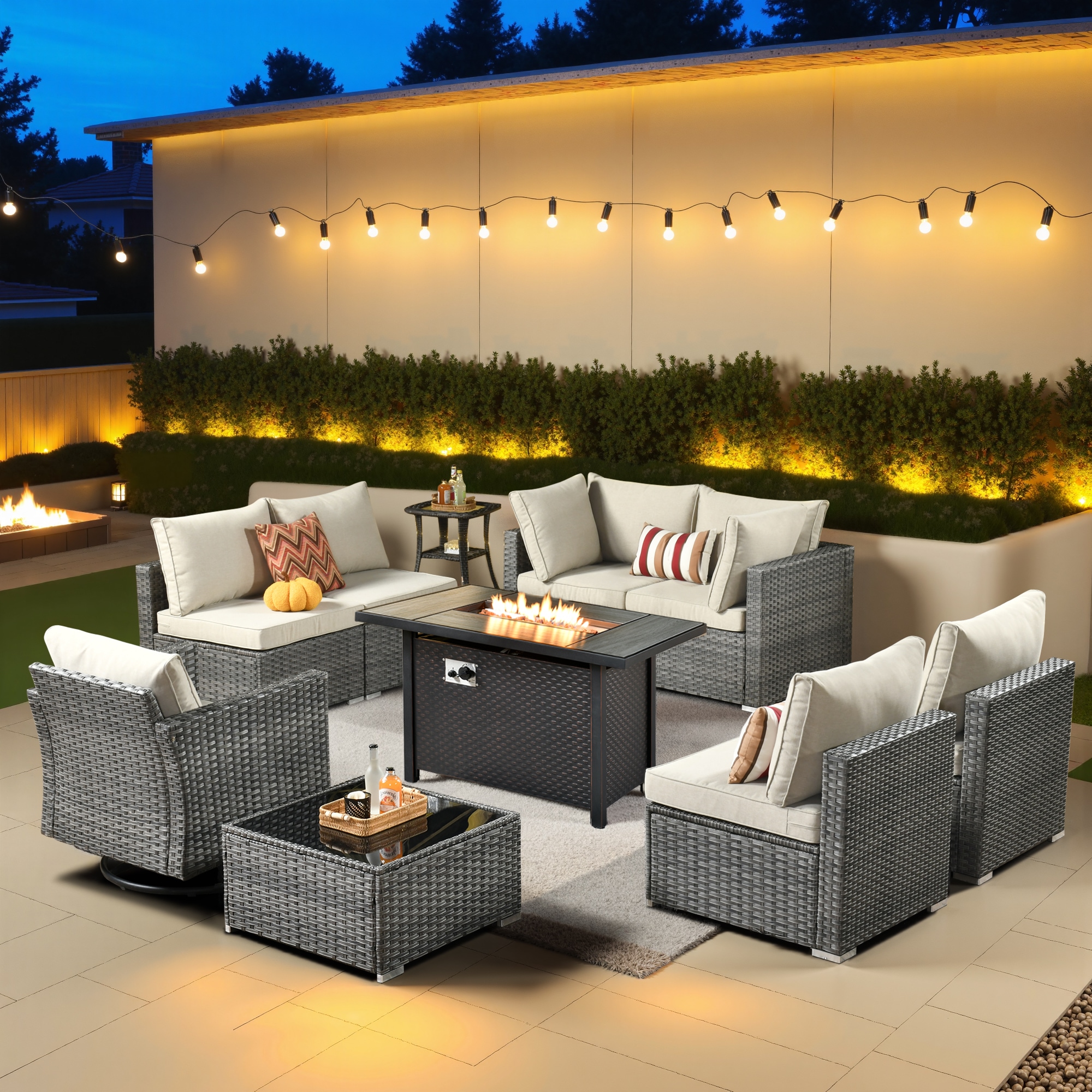 Pouuin SYZHOP607 Wicker Outdoor Sectional with Beige Cushions and Wicker Frame