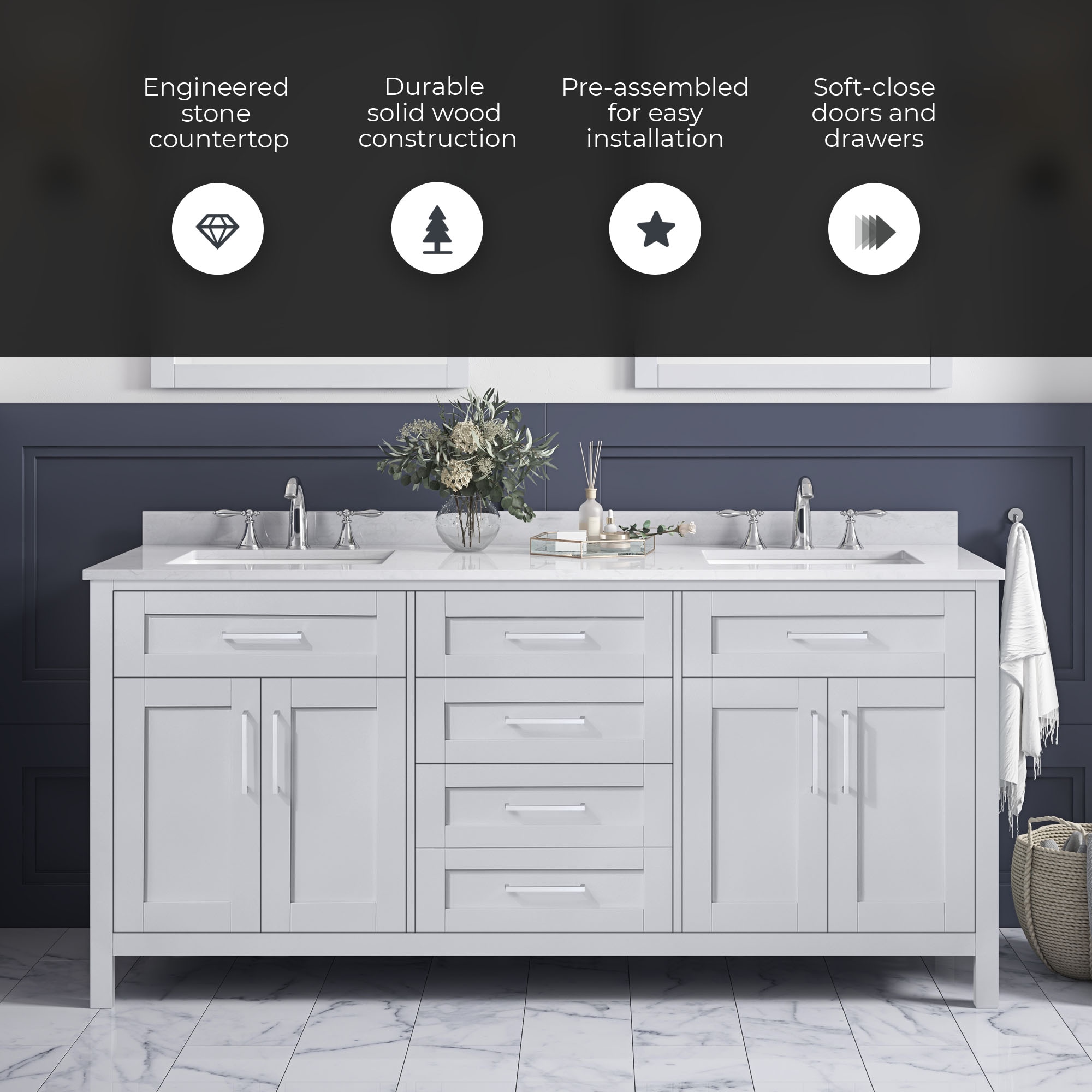 Tahoe 72'' Dove Gray Double Sink Bathroom Vanity with Chrome Hardware