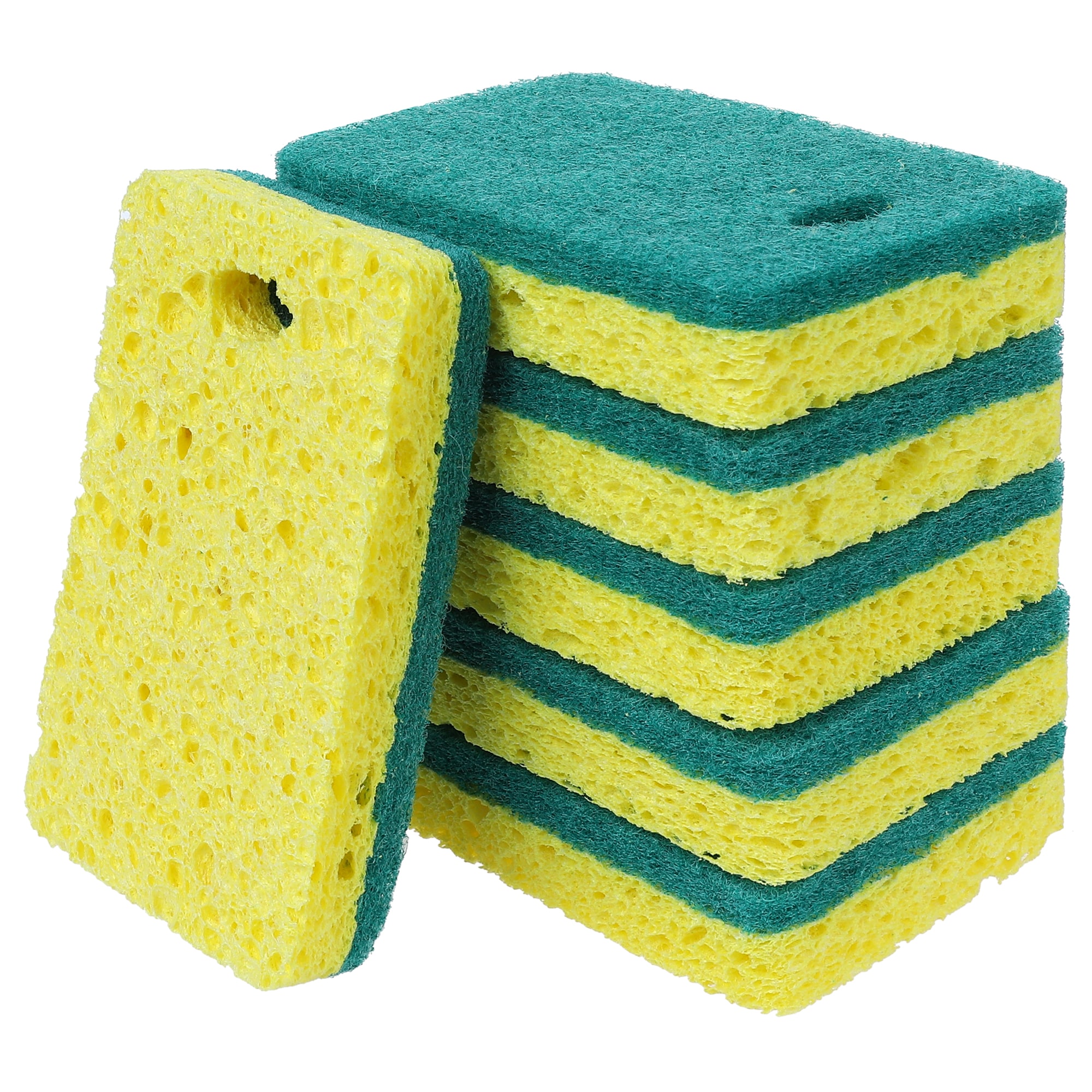 Unique Bargains 6pcs Scrub Sponge Bulk Sponges Dual-Sided Cleaning Sponges Dishwashing Sponge for Kitchen Bathroom Dish 4.3Inchx2.8Inchx0.8Inch Green Yellow
