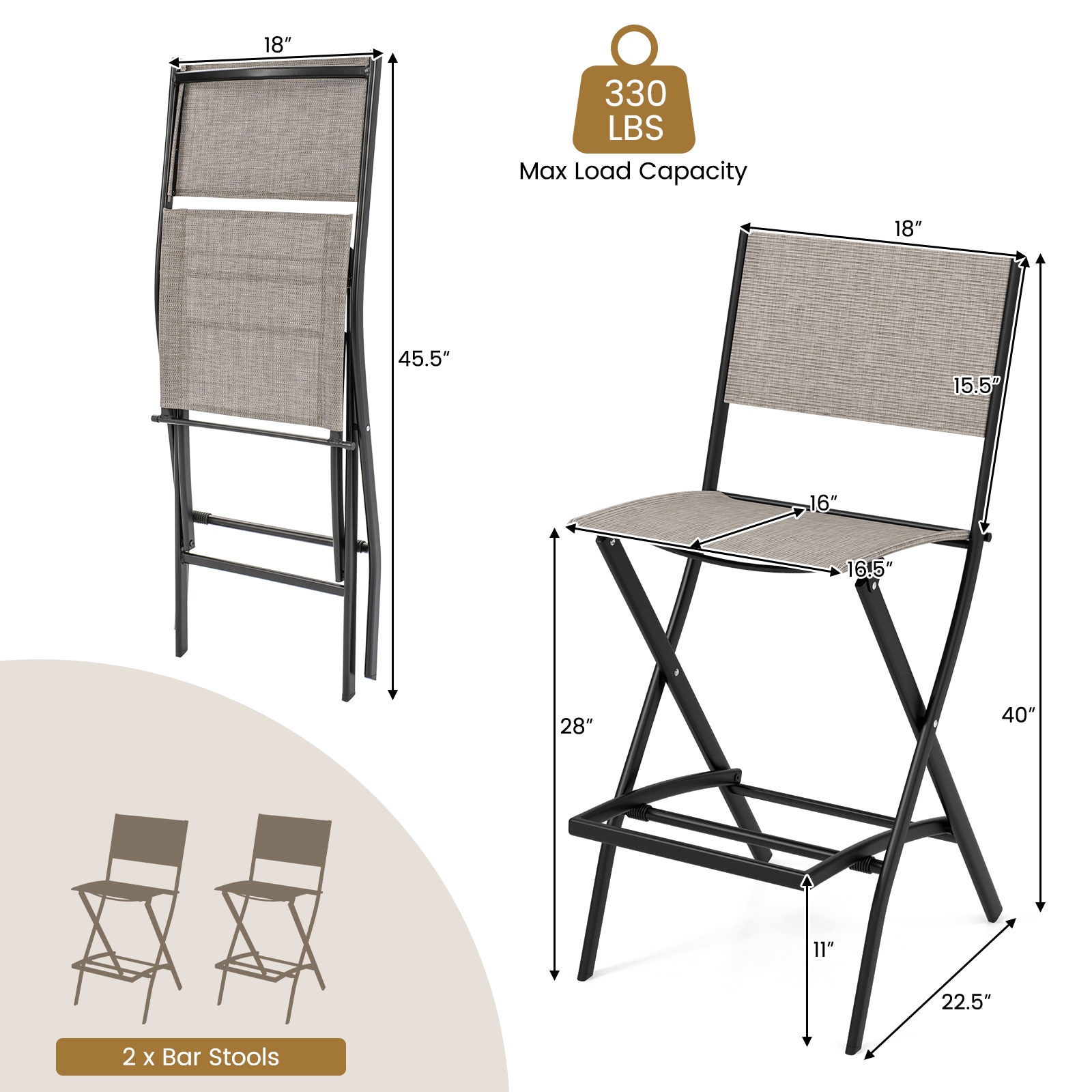 Product dimensions and max load graphic for two bar stools