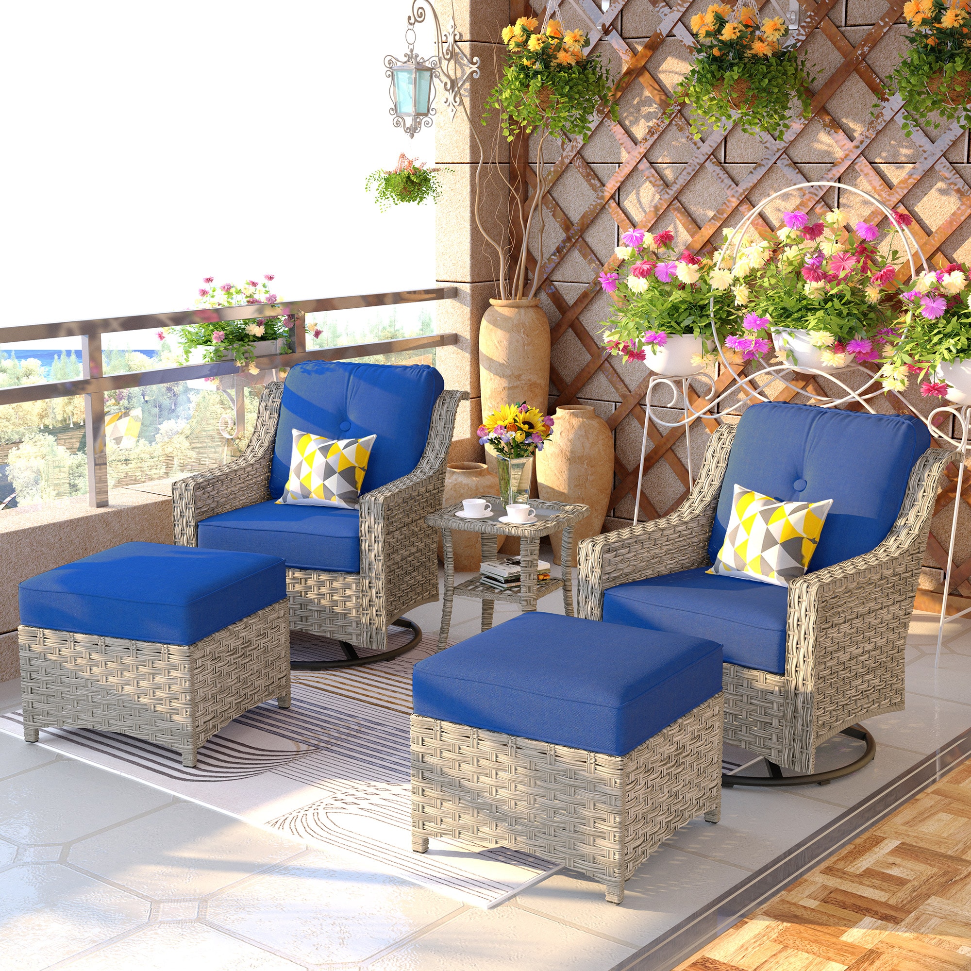 Ovios PD7-5Y Set of 2 Wicker Black Metal Frame Swivel glider Conversation Chair with Navy Cushioned Seat