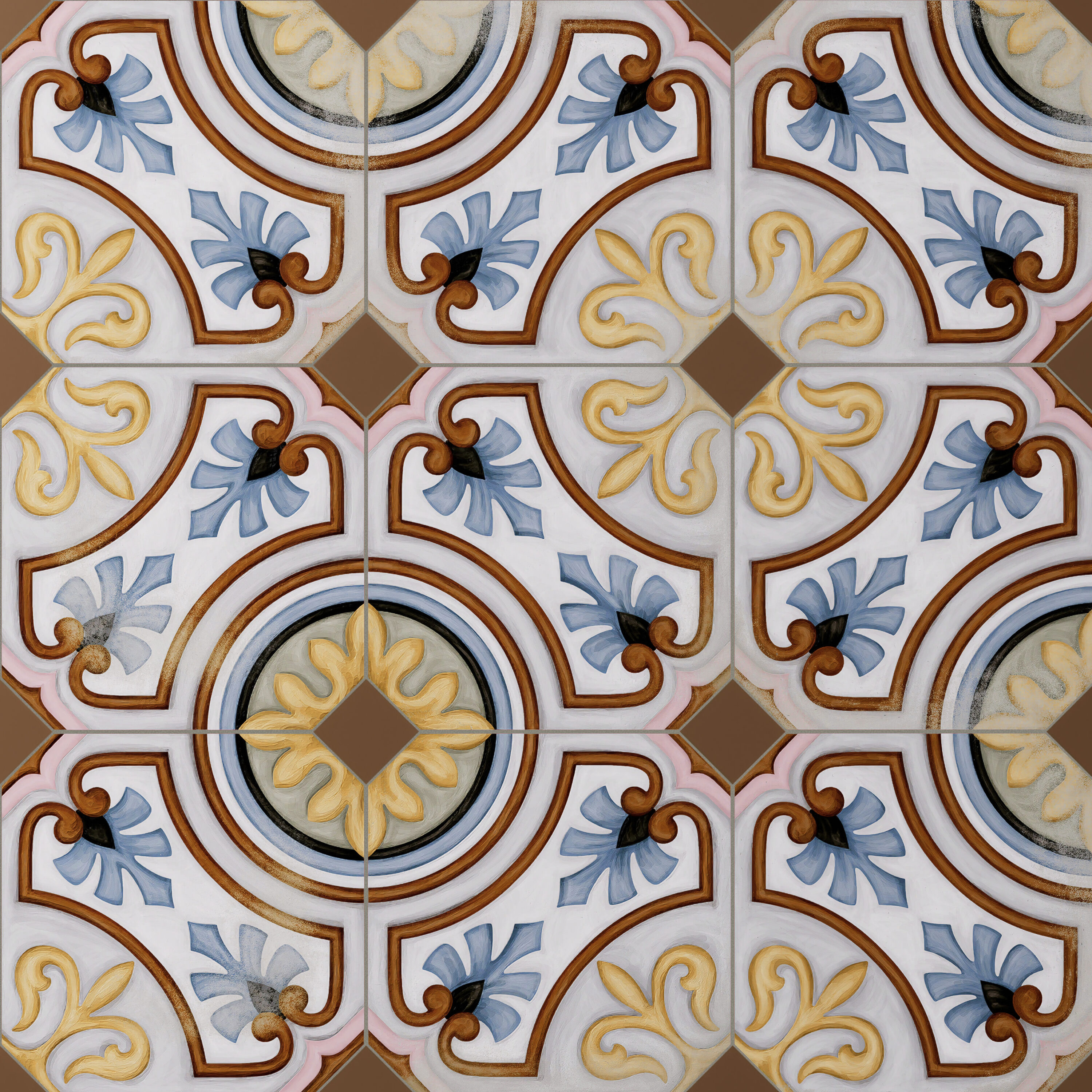Affinity Tile Sample - Vaudeville Octagon Deco Diglas with Taco Marron 8-in x 8-in Matte Porcelain Floor and Wall Tile