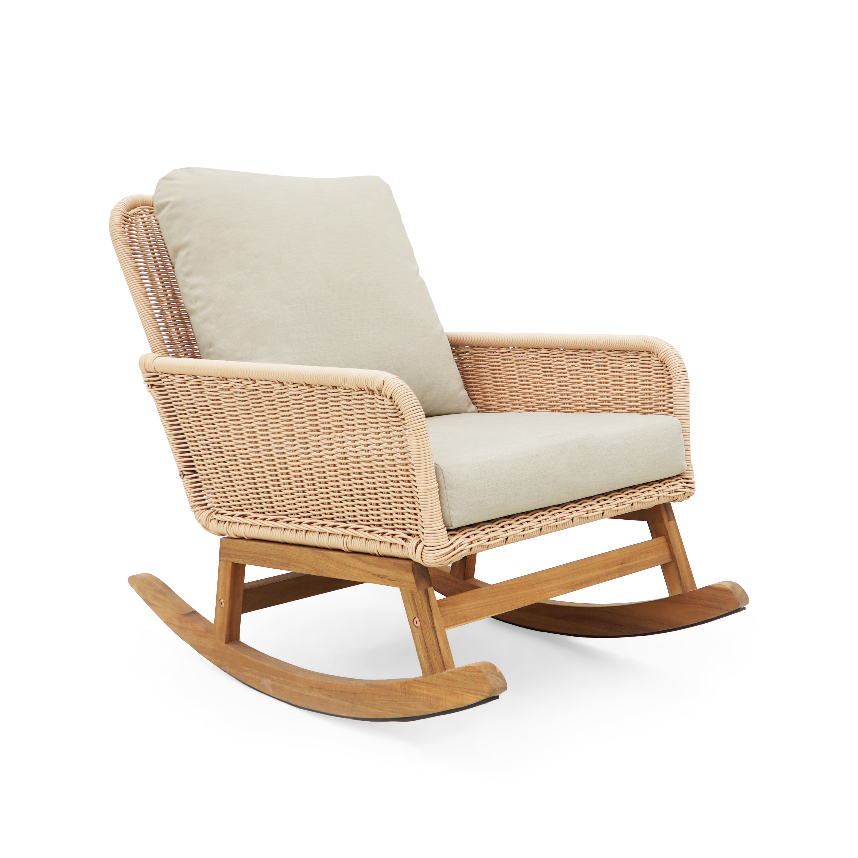 LIVIZA GIGP229004N Minimalist Beige Wicker Rocking Chair Wicker Ivory Wood Frame Rocking Chair with Off-white Ivory Cushioned Seat