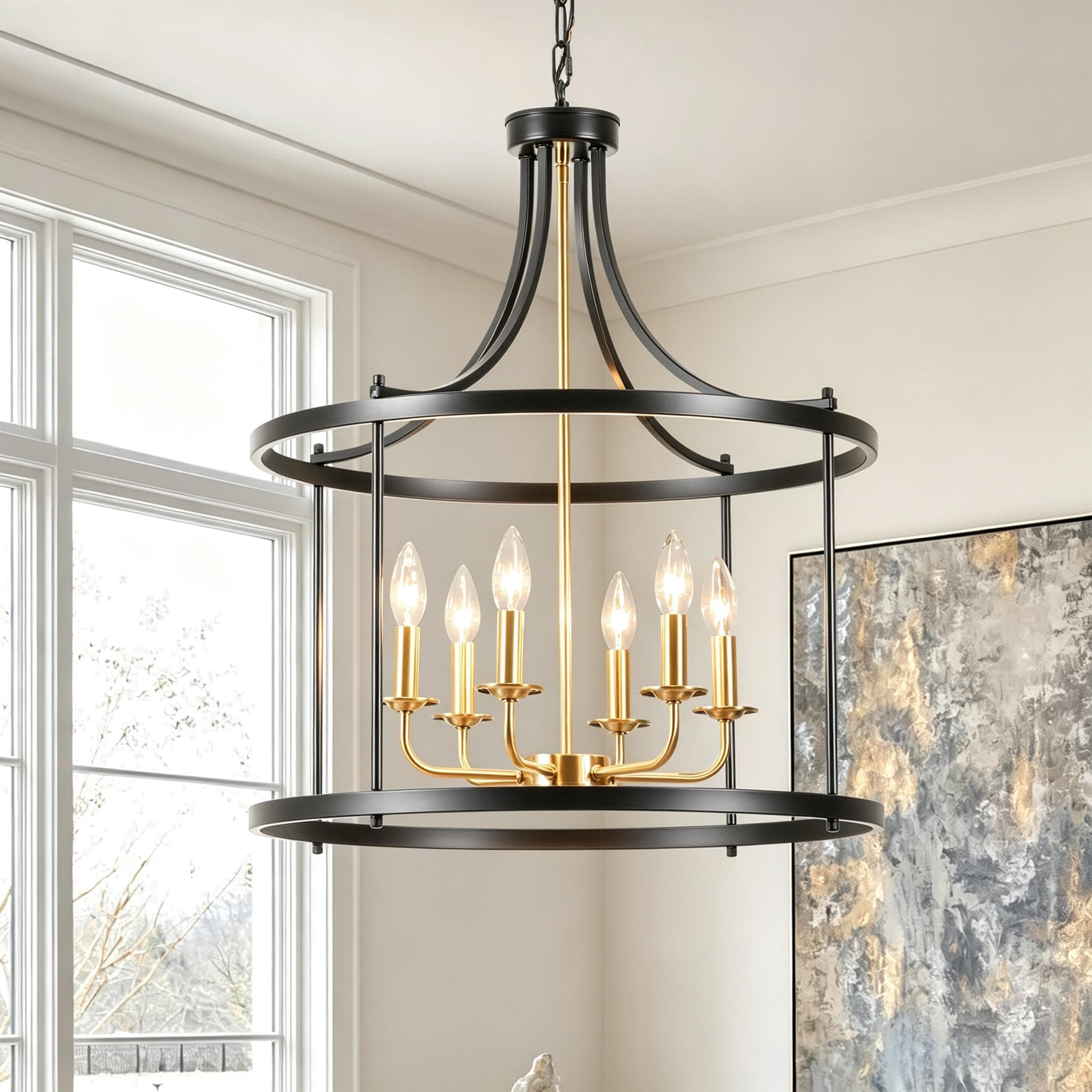 Rennnsan Finley Rustic Farmhouse Drum Shade 6 -Light Matte Black Metal Chandelier