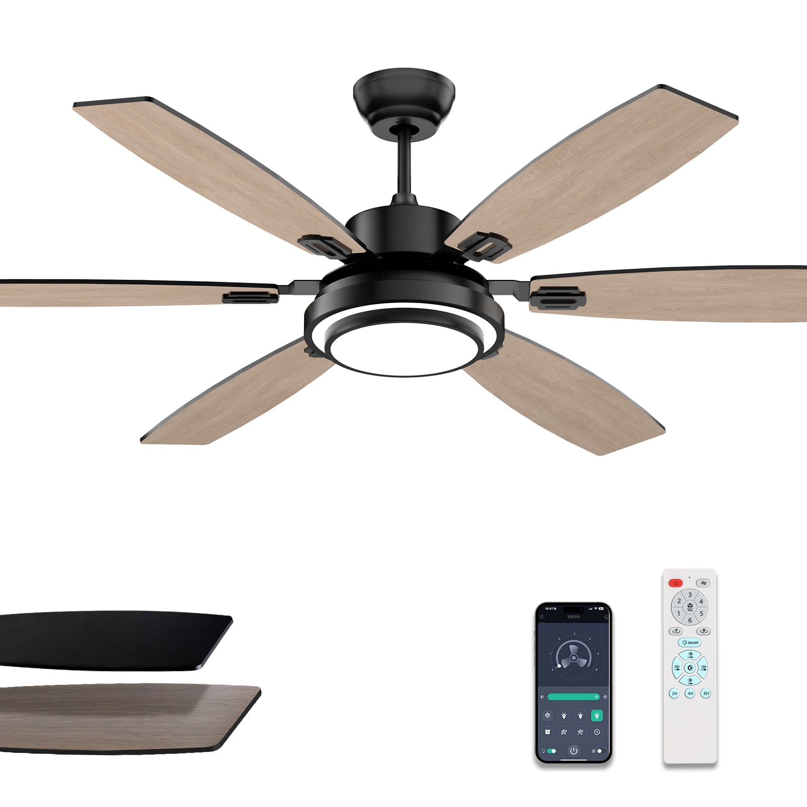 SILJOY LL-8838D-60-01 60-in Black Ceiling Fan with black or oak Color Blades Ceiling Fan With Light-Remote Included