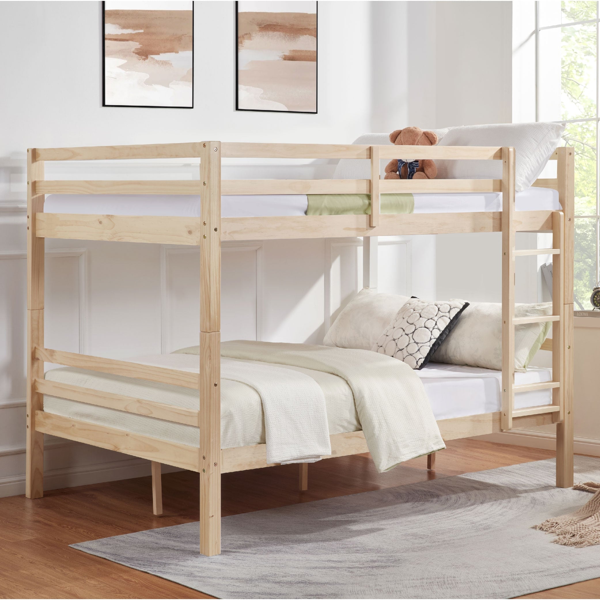 Tatayosi JJ-09020130 Full over Full Bunk Bed with Thick Posts;Wooden Bunk Bed with High Guardrail and Ladder for Kids; Teens; Dorm Rooms; and Guest Rooms;No Box Spring Needed; Natural