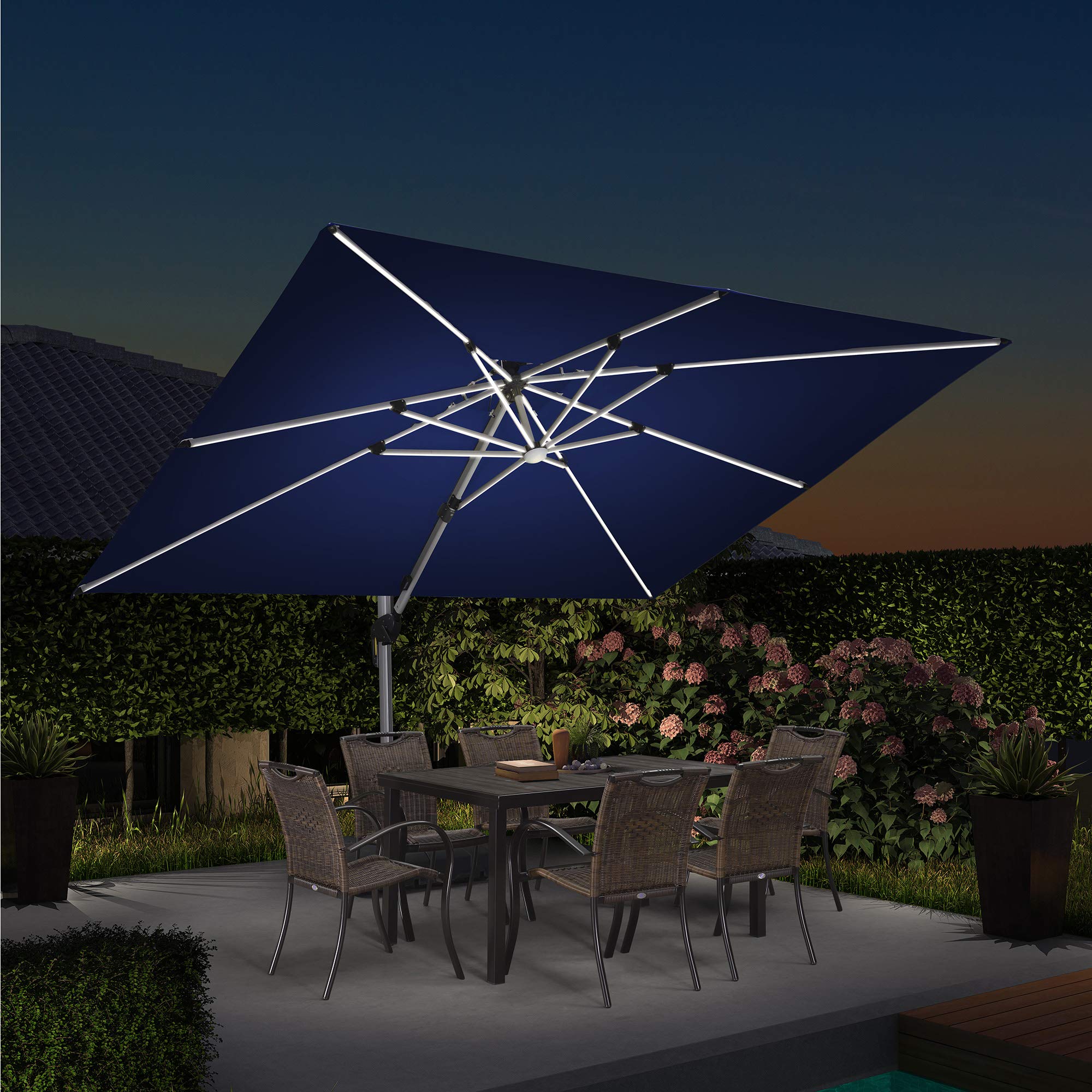PURPLE LEAF LSGLRRCDT0912-NB 9-ft Aluminum Navy Crank Cantilever Patio Umbrella with Lights