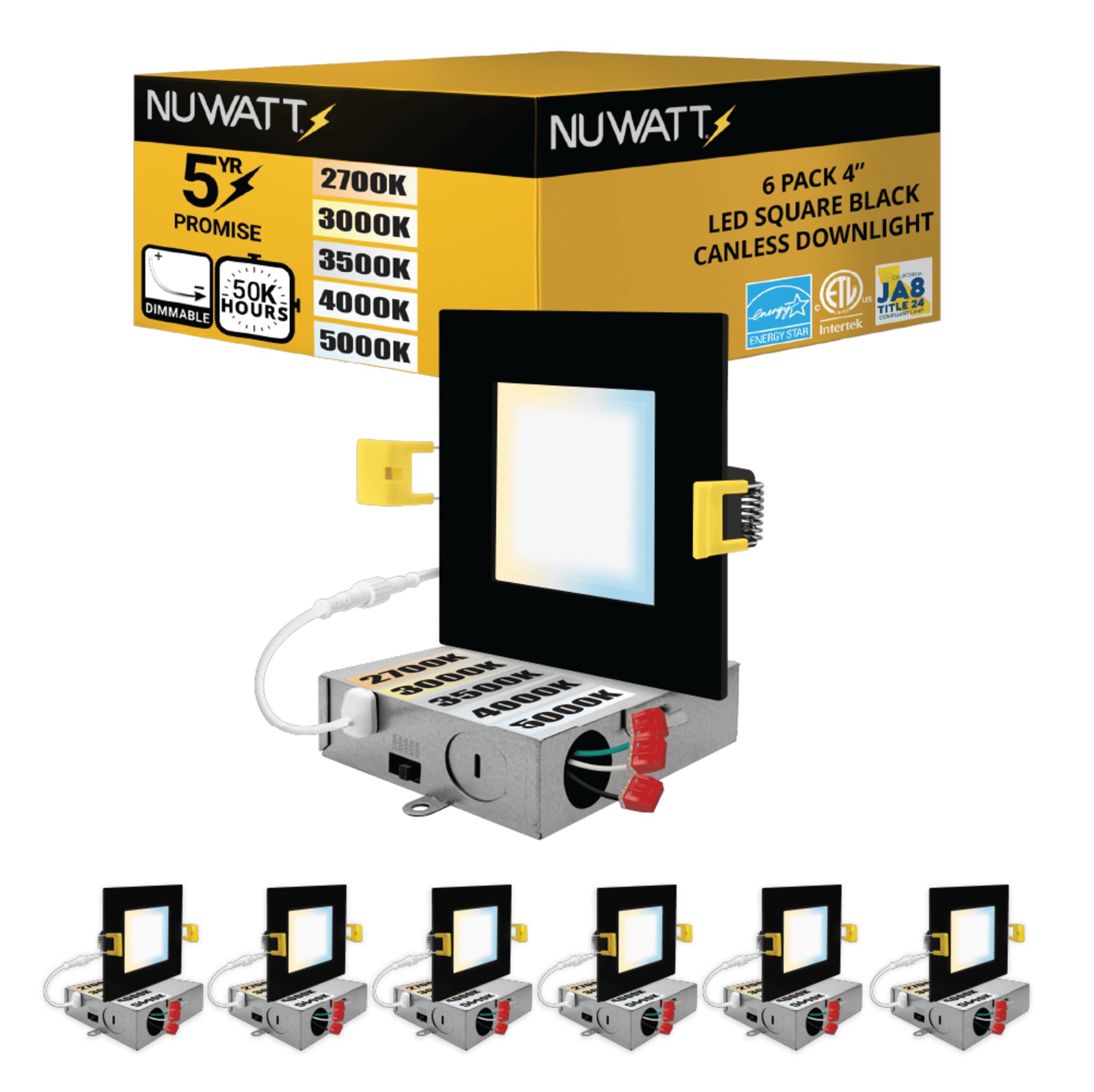 NUWATT P-SQDL-4-9W5CT-BLK6 Square Trim Ultra Slim Airtight IC Wafer Light Black 4-in 840 -Lumens Switchable Square Dimmable LED Canless Wet rated Recessed Downlight 6 -Pack
