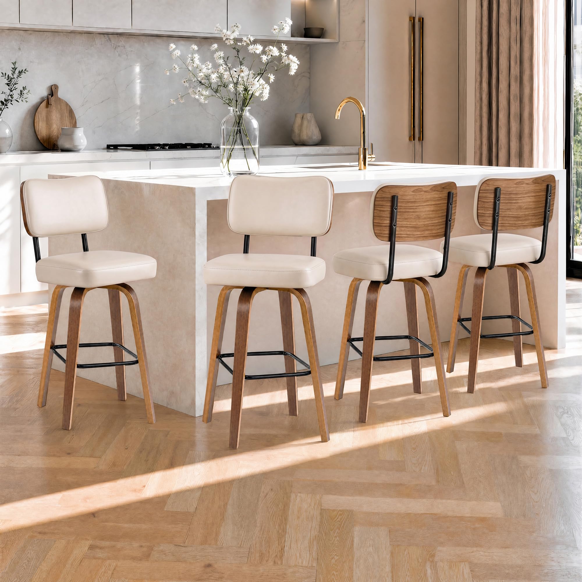 GarveeLife Set of 4 Cream PU Leather Upholstered 25.6-in H Swivel Counter Height Bar Stools