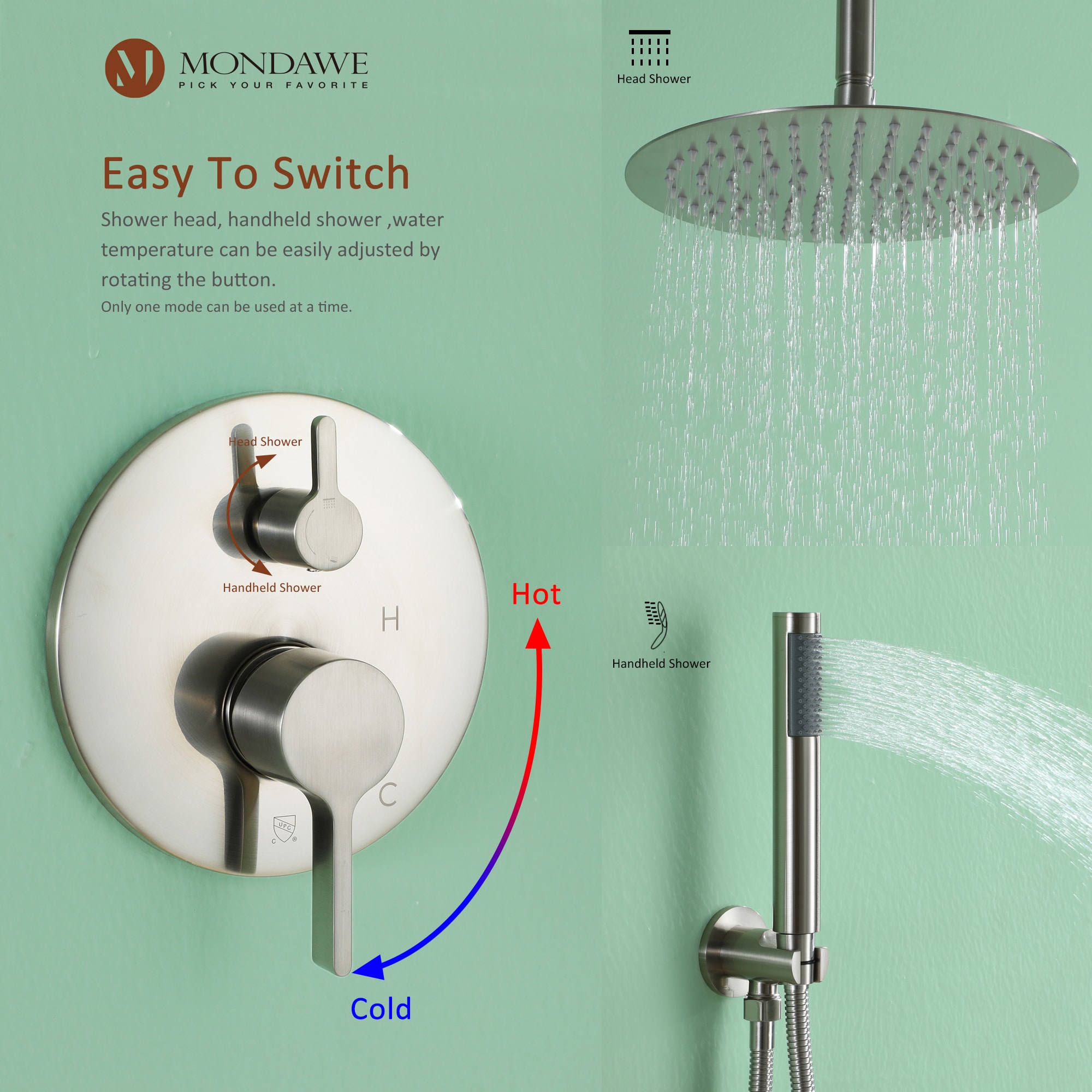 Mondawe MOSL030-10BN Brushed Nickel 10-in Built-In Shower Faucet System with 2-way Diverter ( Pressure-balanced Valve Included )