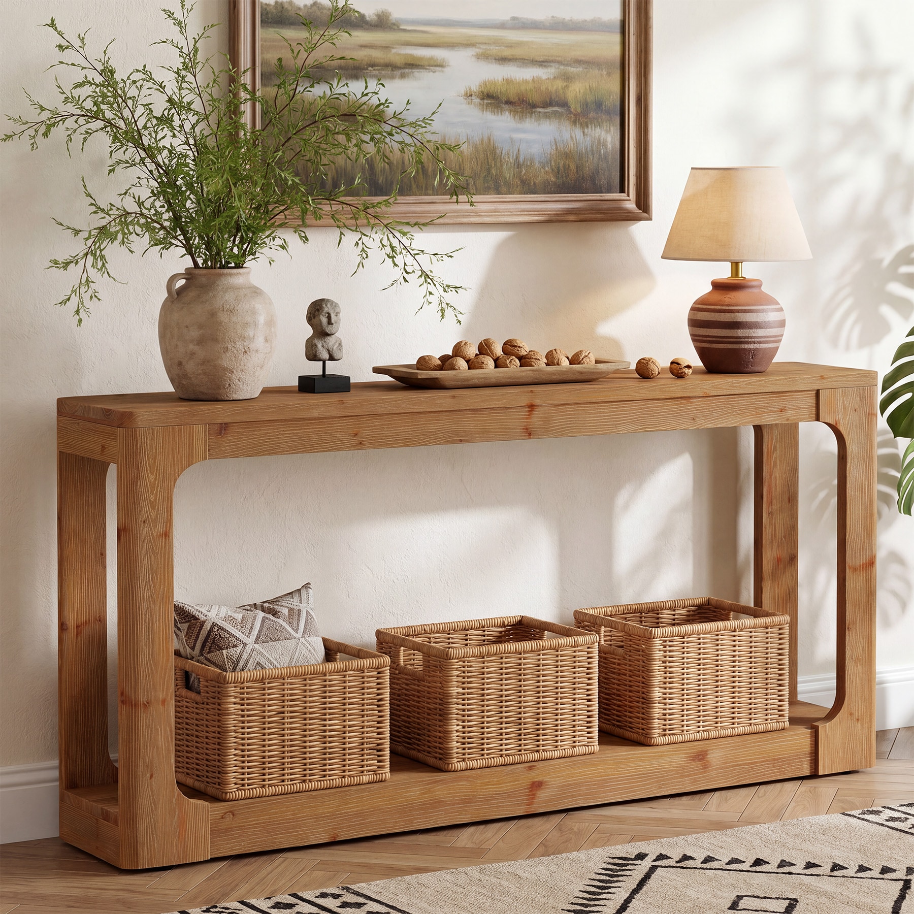 LITTLE TREE 63-in W Farmhouse Rustic Brown Solid Wood Console Table with 2-Tier Storage Shelves Narrow Sofa Table for Home Hallway Entrance Living Room Entryway