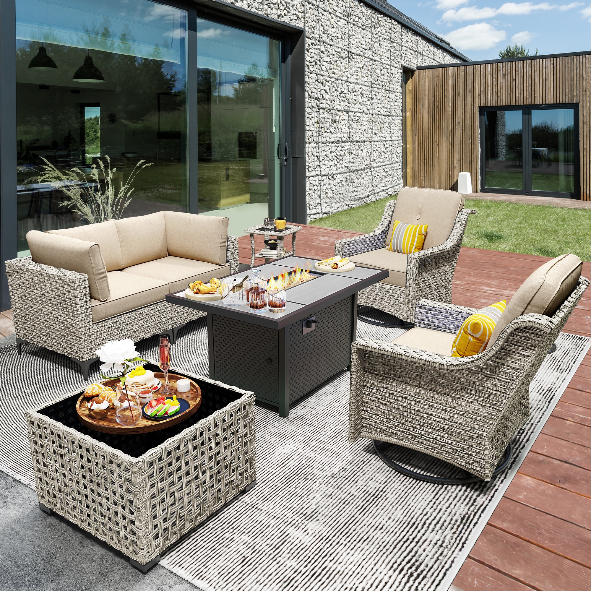 XIZZI XISKT6174-RC3IFP Amber 7-Piece Rattan Patio Conversation Set with Off-white Cushions