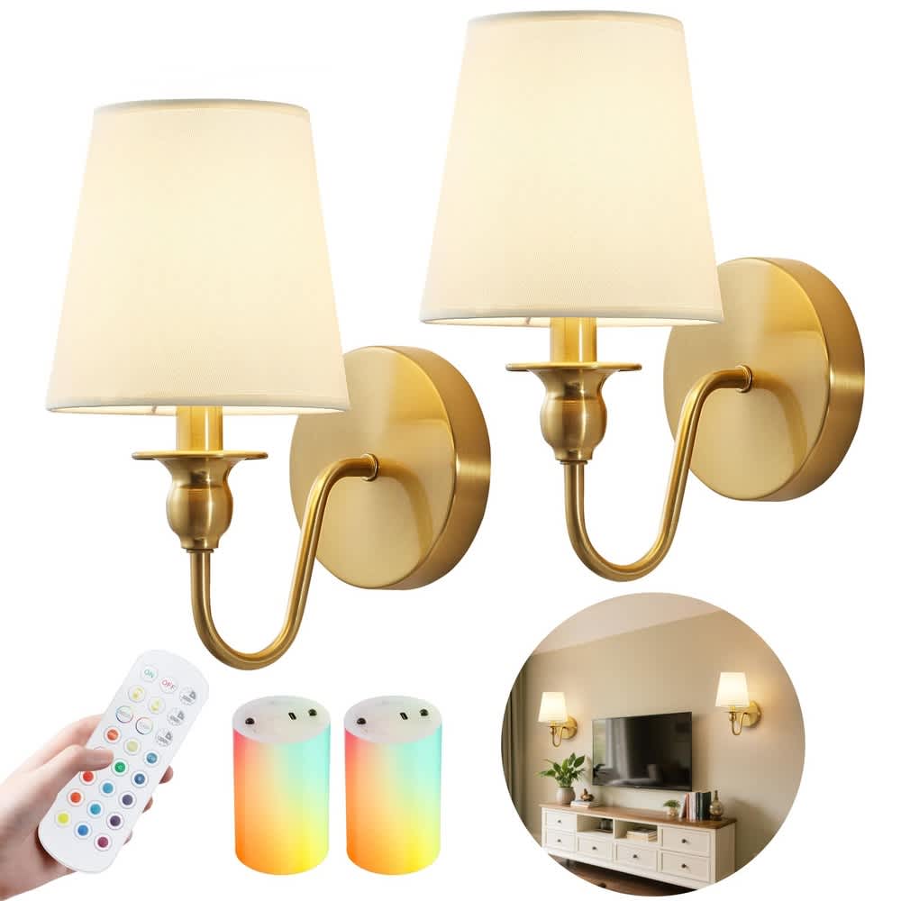 Aoibox  Set of 2 Wireless Wall Sconces Battery Operated 15 Color Temperature 10 Level Dimmable LED with Remote Brushed Gold Fabric Shade