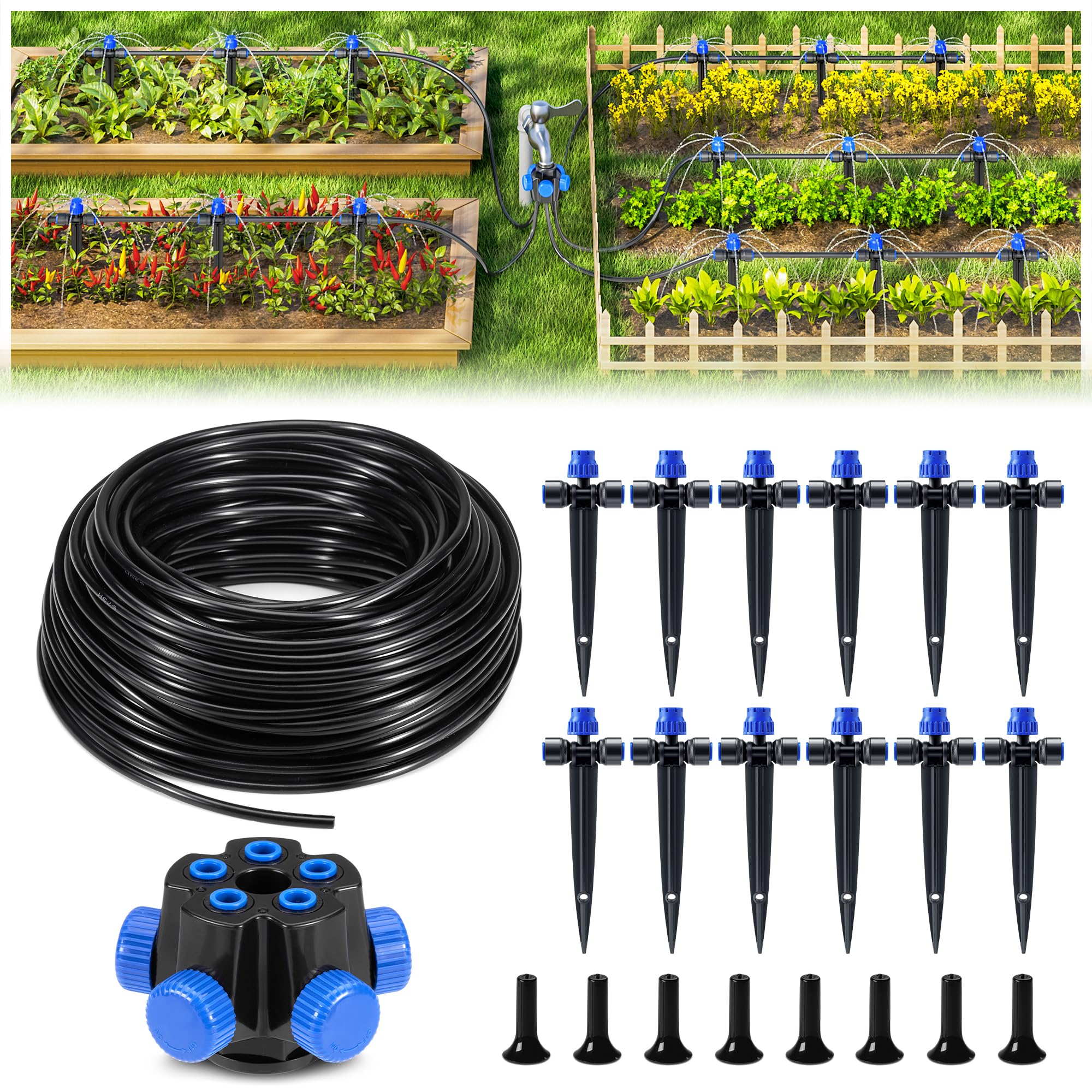 Misopily  50FT Garden Drip Irrigation Kit Automatic Watering System with Five Way Connector Adjustable Drippers for Raised Beds Patio Lawn