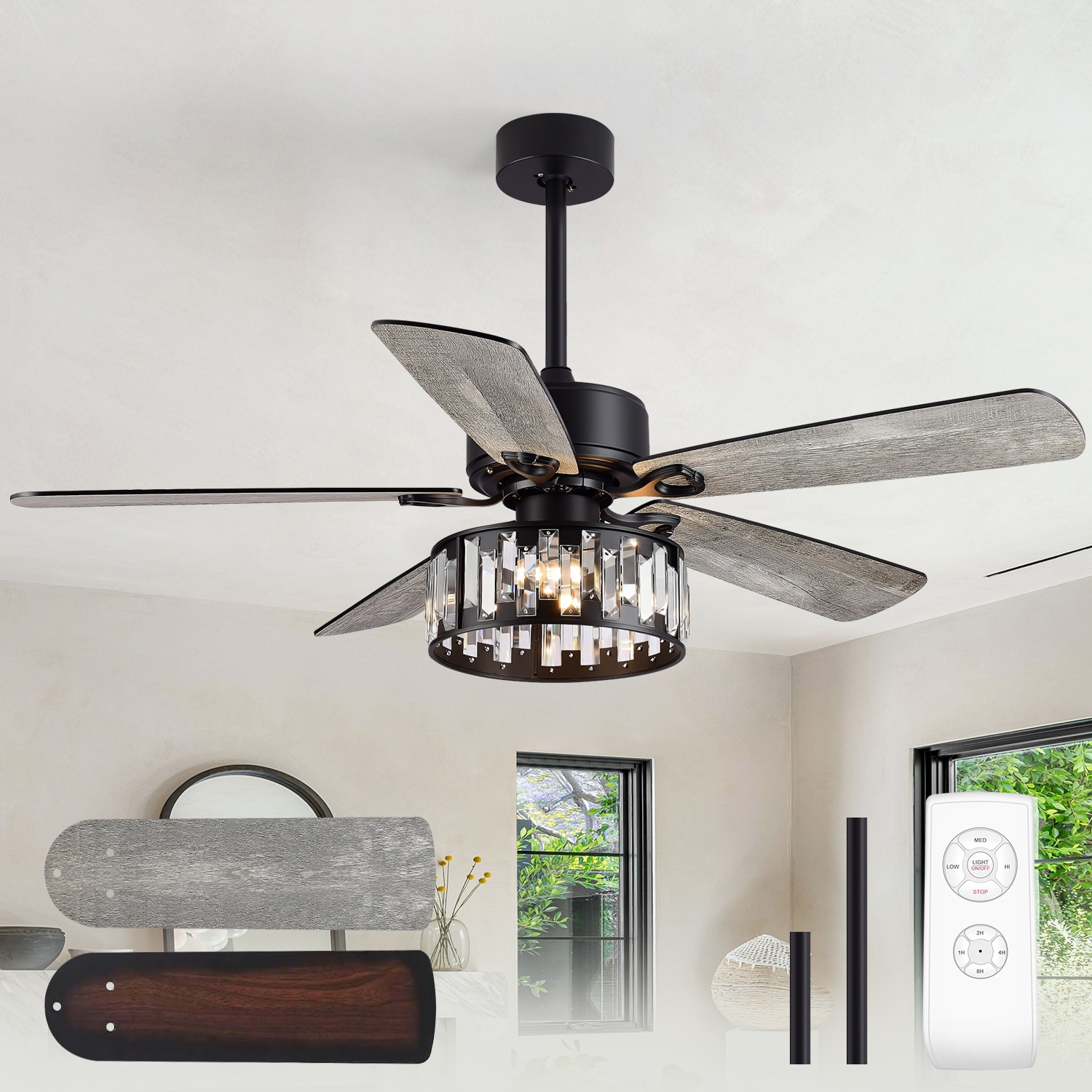 Breezary 23003-BLK 52.0-in Black with Black Blades Chandelier Ceiling Fan With Light - Remote Included ( 5.0 -Blade )