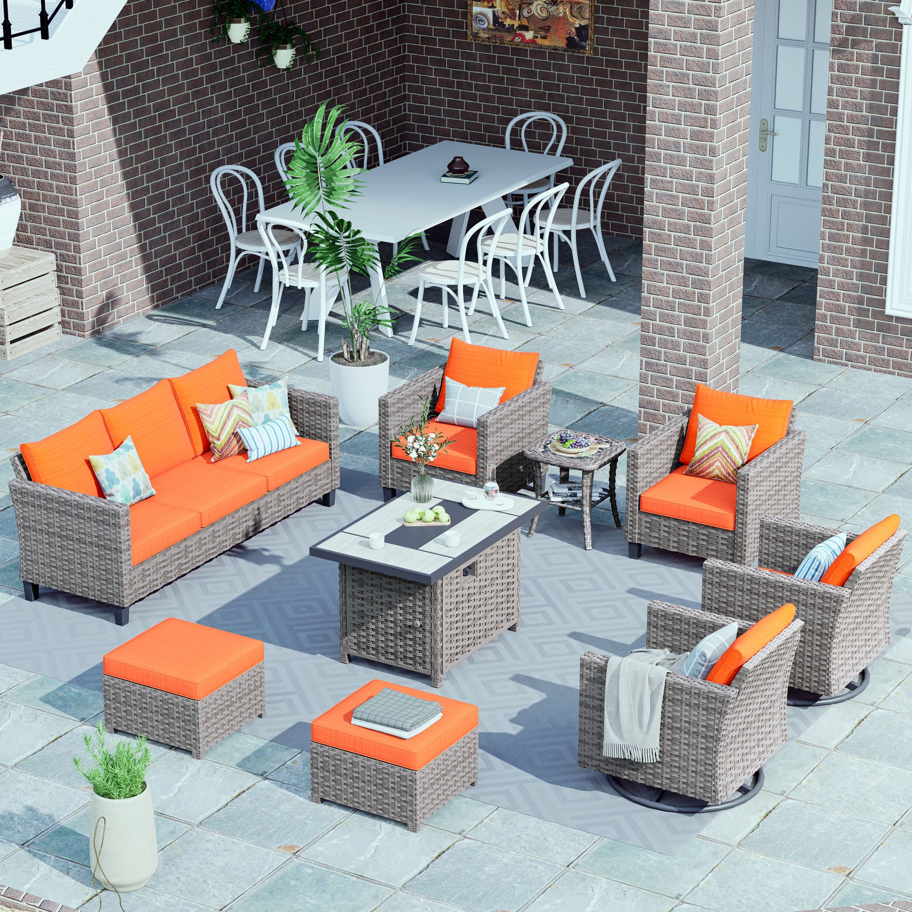 Pouuin SRFPYZGRS809 9 -Piece Wicker Patio Sofa Conversation Set with Orange Cushions