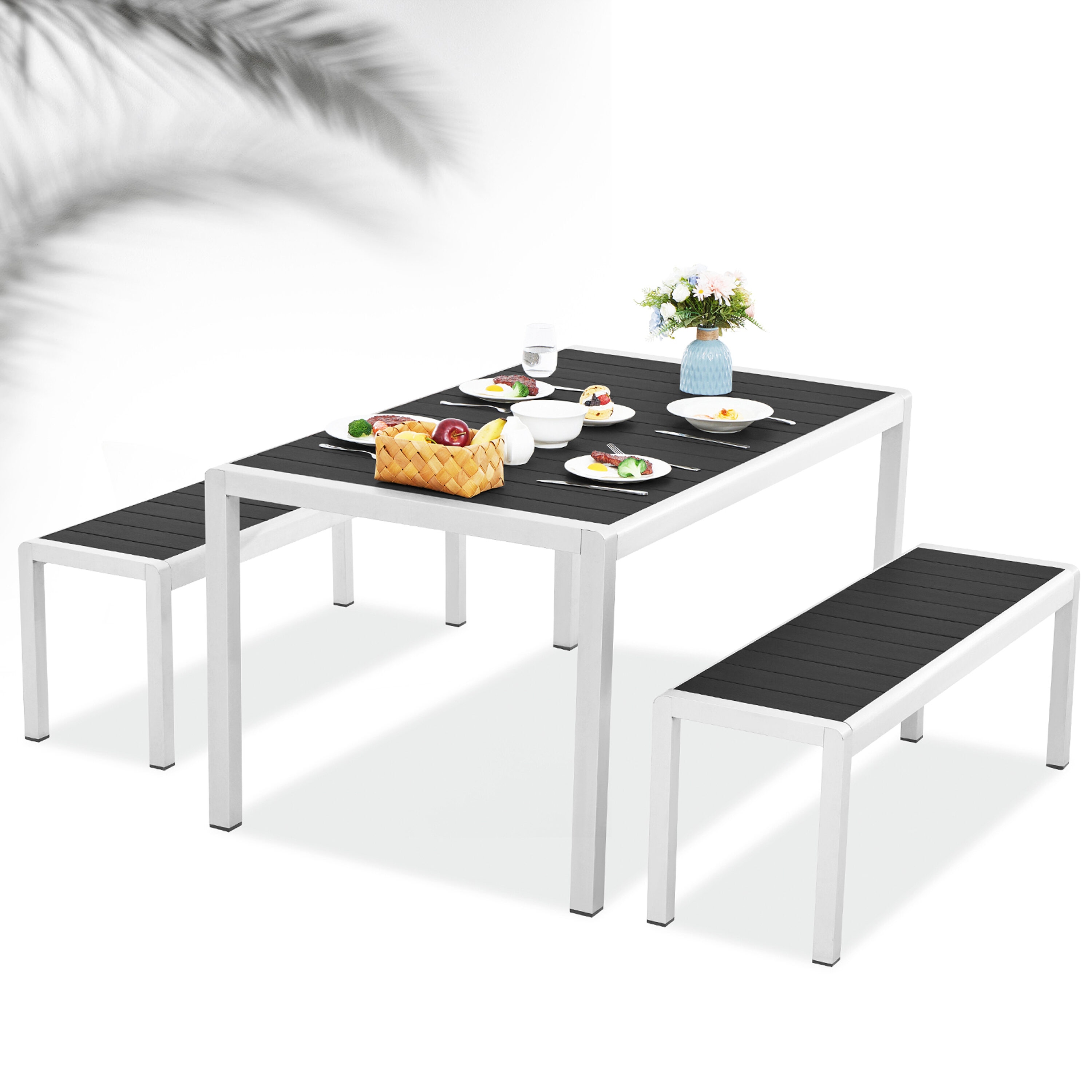JEAREY YMLZCZ3JT-BLACK Patio Aluminum Dining Set 3 -Piece Black Patio Dining Set Aluminum Rectangle Table with 2 Stackable Stationary Chairs