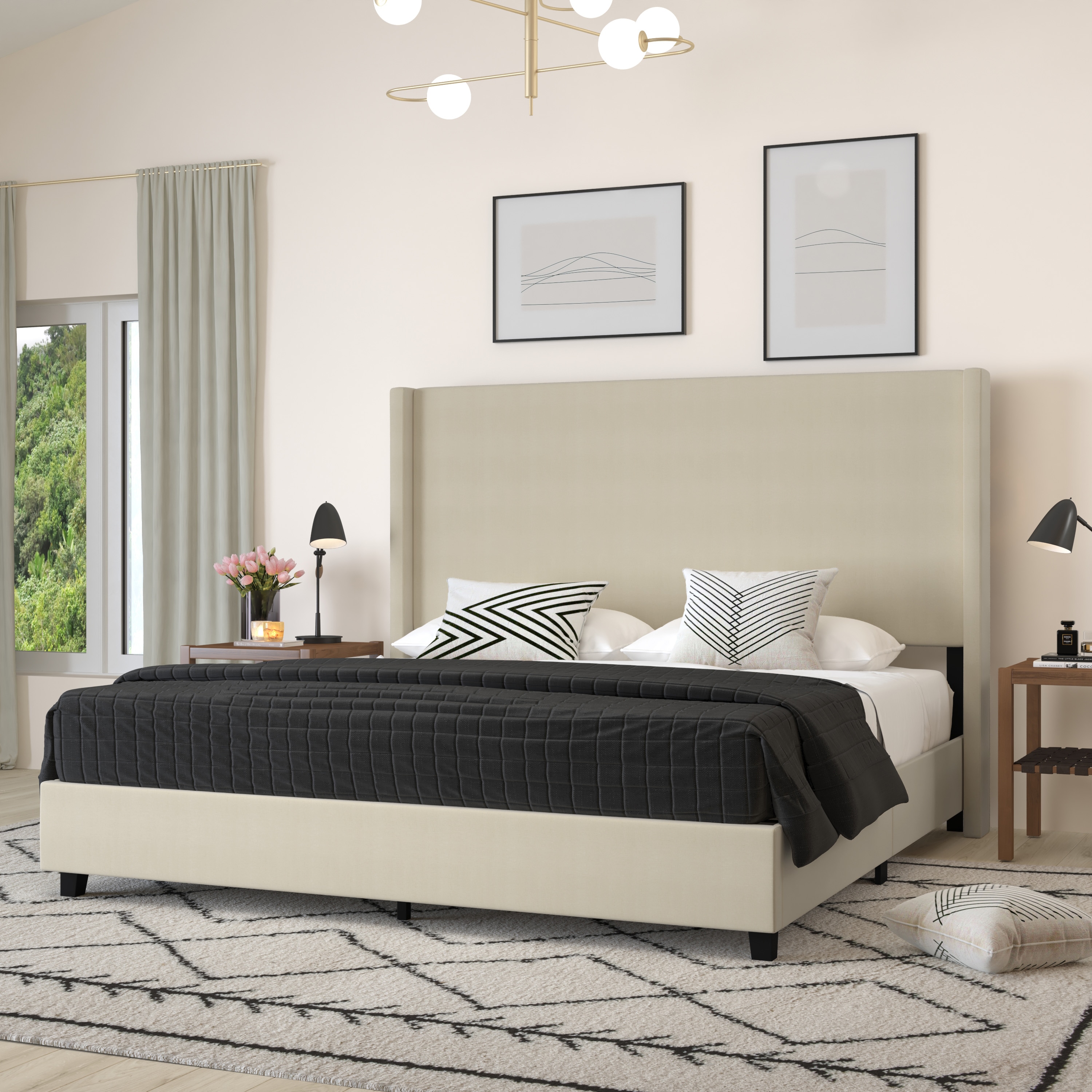 Merrick Lane - Bramlett Modern King Size Platform Bed Frame with Padded Faux Linen Upholstered Wi...