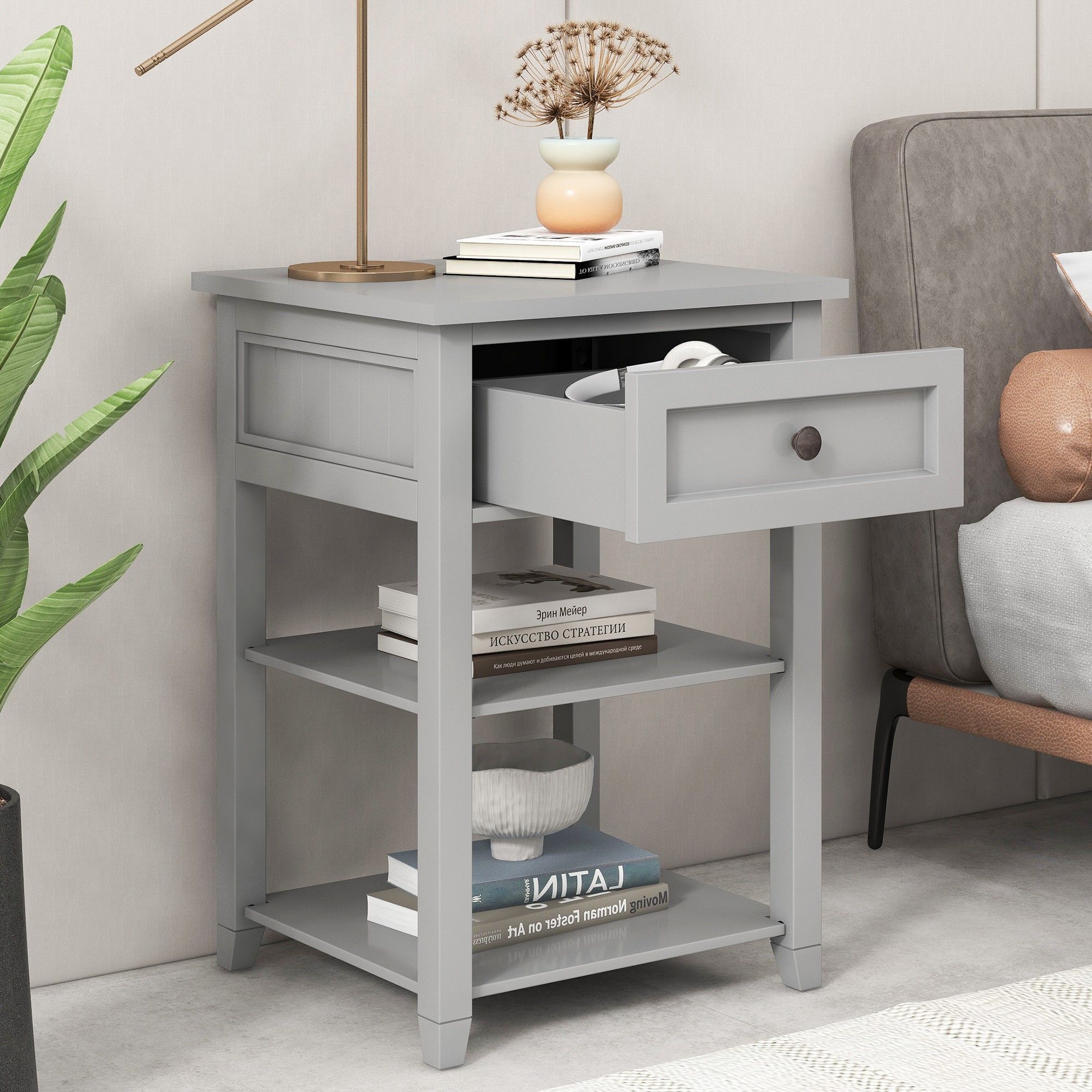 Yiekholo Contemporary Gray Wood Nightstand with 1 Drawer, 2 Shelves ...