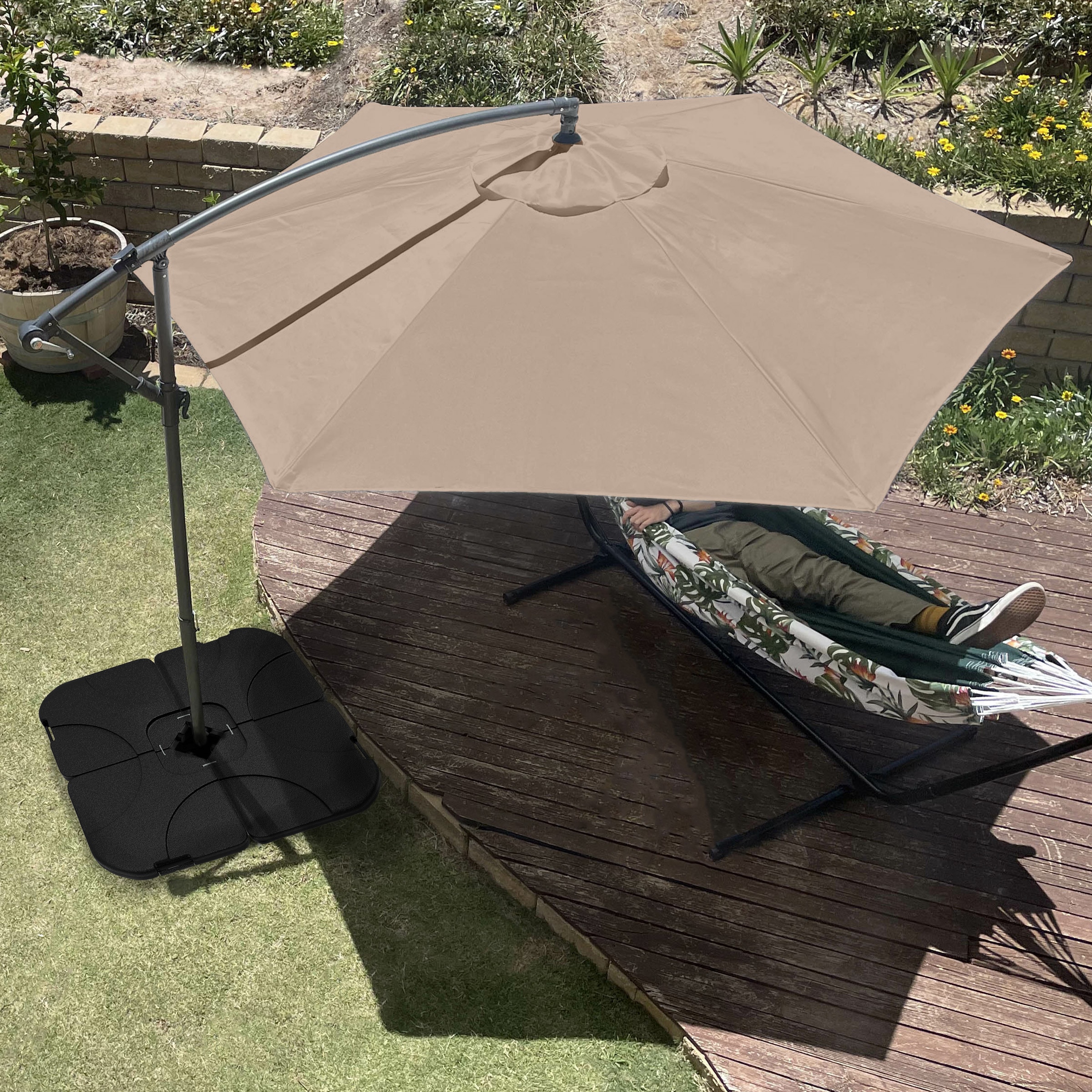 Pure Garden 50-LG1046B 10-ft Steel Tan No-tilt Market Patio Umbrella with Base